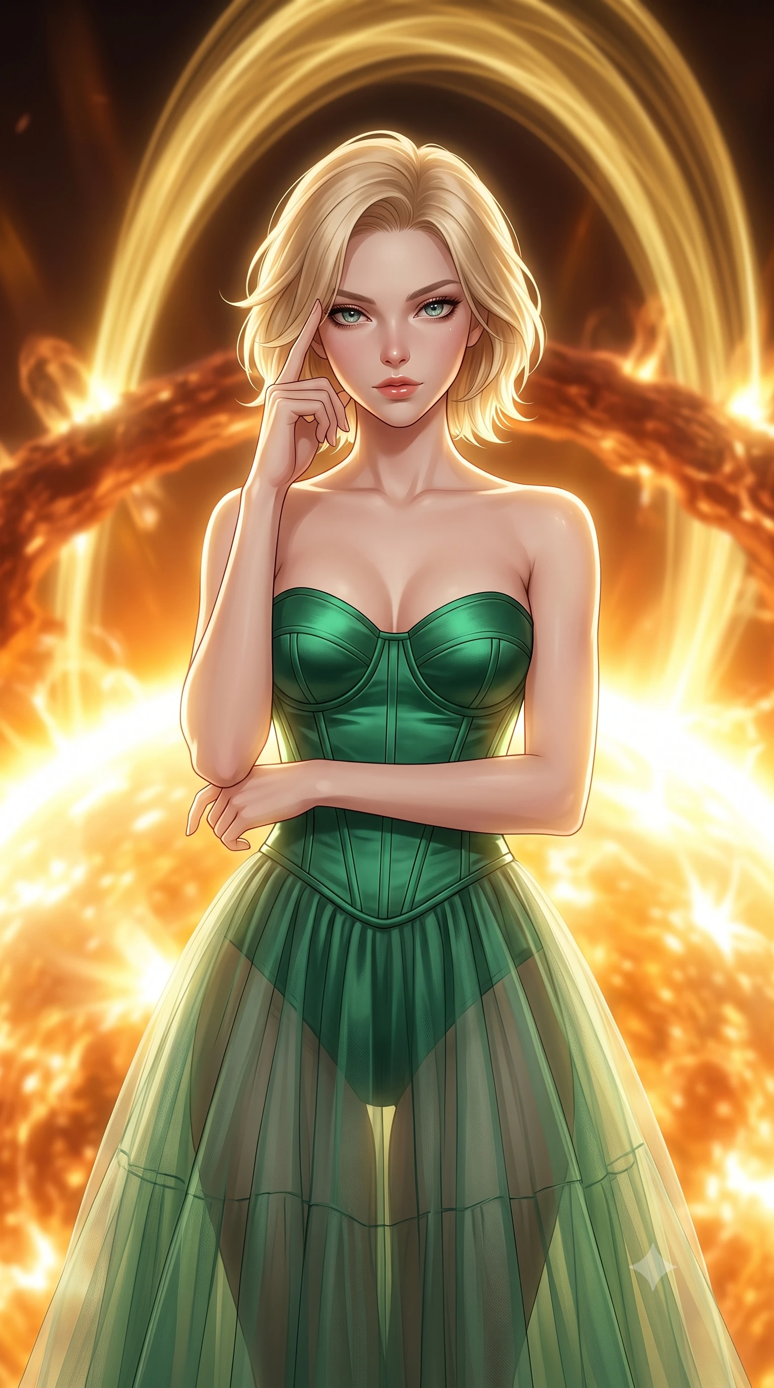 score_9, masterpiece, best quality, ultra-detailed, high-budget anime keyframe, editorial fashion photography, tasteful artistic composition, Caucasian woman, strictly human ears. close-up cowboy shot from the waist and thighs up, the character dominates the composition, filling the frame with her large presence, background elements kept in soft focus. Pressing two fingers to her temple in a composed thoughtful gesture. set against a soft-focus background of a bridge made of solidified solar plasma stretching across the blazing corona of the sun with heat shimmer distorting the view and enormous magnetic field lines arcing overhead like golden ribbons. She has an exceptionally elegant and slender, willowy female figure with an ultra-slim waist, a gracefully sculpted slender torso, and a refined slim physique. sharp v-shaped jawline, high-bridge nose, intricate jewel-like eyes with depth, thick eyelashes, glossy lips with a natural sheen. wearing a corset-topped gown with visible structured boning in emerald green satin, paired with a floor-length sheer tulle skirt. overwhelming golden-white solar radiance from all directions with intense hot orange corona glow and plasma flare highlights creating a blinding luminous atmosphere. 2k, ultra detail, master piece, 9:16 ratio