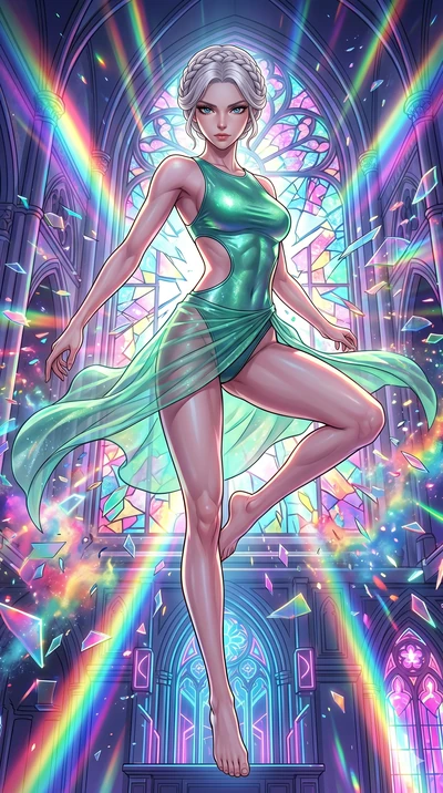 score_9, masterpiece, best quality, ultra-detailed, Set C: High-budget Anime Keyframe, Korean woman. Low angle cowboy shot filling the entire 9:16 frame with her statuesque presence. Leaping through shattered stained glass of a neon-lit cathedral wit