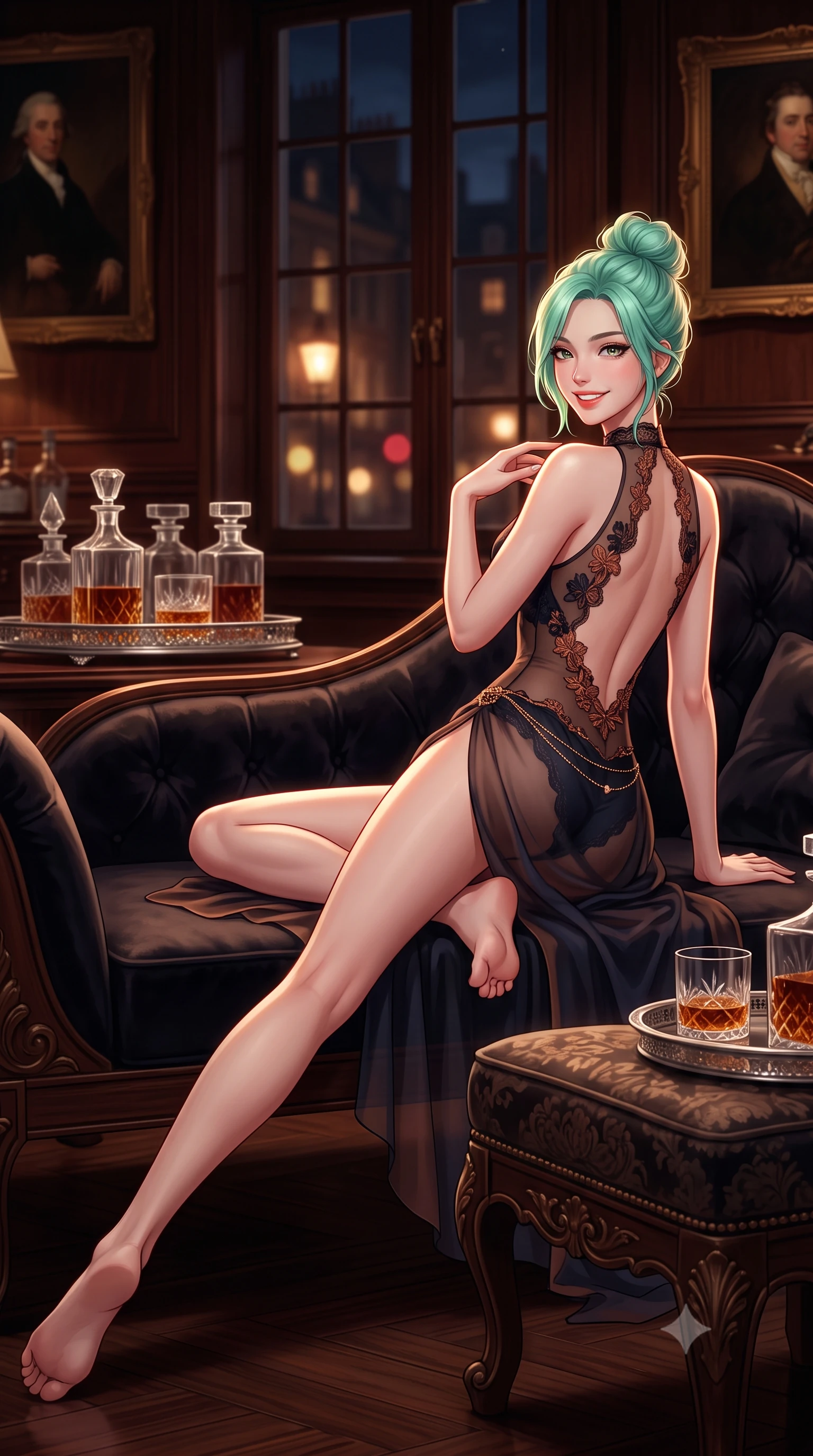 score_9, masterpiece, best quality, ultra-detailed, high-budget anime keyframe, semi-realistic 3D game render, editorial fashion photography, tasteful artistic composition, Japanese woman. low angle full-body shot from head to toe showing her feet, filling the entire 9:16 vertical frame with her statuesque presence, stretching her vertical silhouette. reclining gracefully across the plush chaise lounge with one leg extended, her sculpted silhouette and flat midriff radiating magnetic nocturnal glamour while sitting poised on the ottoman with legs crossed, running one manicured hand slowly along her collarbones with effortless aristocratic cool. The background shows a soft-focus rows of crystal whiskey decanters on silver trays, historic oil portraits in gilded frames, and quiet midnight Pall Mall streetlights blurred into amber, mahogany, and ruby bokeh. She has an exceptionally tall and slender model-like 8.5-heads proportion, an ultra-slim waist, a flat toned midriff, narrow delicate ribcage, and beautifully sculpted feminine hips creating a graceful, slim hourglass silhouette without any bulky heaviness, with impossibly long slender legs. sharp v-shaped jawline, high-bridge nose, intricate jewel-like sparkling eyes with depth, thick eyelashes, glossy parted lips with a natural peach sheen, bright cheerful beaming smile with an enchanting and coquettish sensual glint, exuding both youthful cute charm and seductive allure, flawlessly proportioned anatomical accuracy, strict slender model proportions, natural body alignment, perfectly sculpted long slender limbs, ultra-slim waistline, clean dynamic posture without body distortion. wearing an open-back sheer lace leotard with high-cut leg openings and delicate floral embroidery framing her spine in Lofoten midnight obsidian and warm hearth copper, made of sheer gossamer chiffon that drapes softly against skin with airy translucence, accented with a dainty gold belly chain resting across her flat midriff and curving hips, the high-slit wrap tailoring accentuating her ultra-slim waistline and the enchanting curve of her feminine hips with alluring seductive charm. illuminated by dark wood reflection bounce and sharp copper-gold rim lights defining her razor-sharp jawline, narrow waist, and curvy hips. highly saturated vibrant anime colors, detailed shading with soft gradients, rich glossy textures, high-contrast stereoscopic depth, volumetric dynamic lighting, master piece, 9:16 ratio