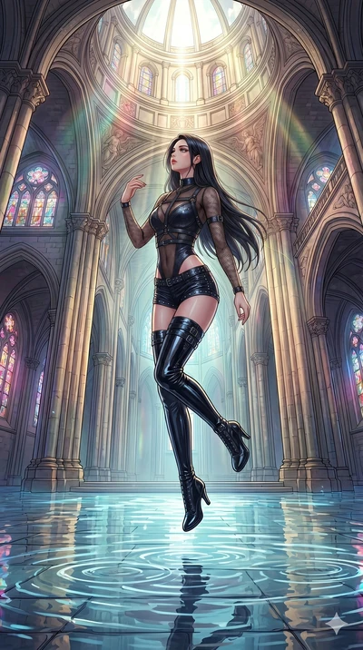 score_9, masterpiece, best quality, ultra-detailed, high-budget anime movie keyframe, cinematic anime lighting, intricate line art, Caucasian (strictly human ears) anime girl. Mid-air action shot capturing a graceful twist and vertical silhouette. kn