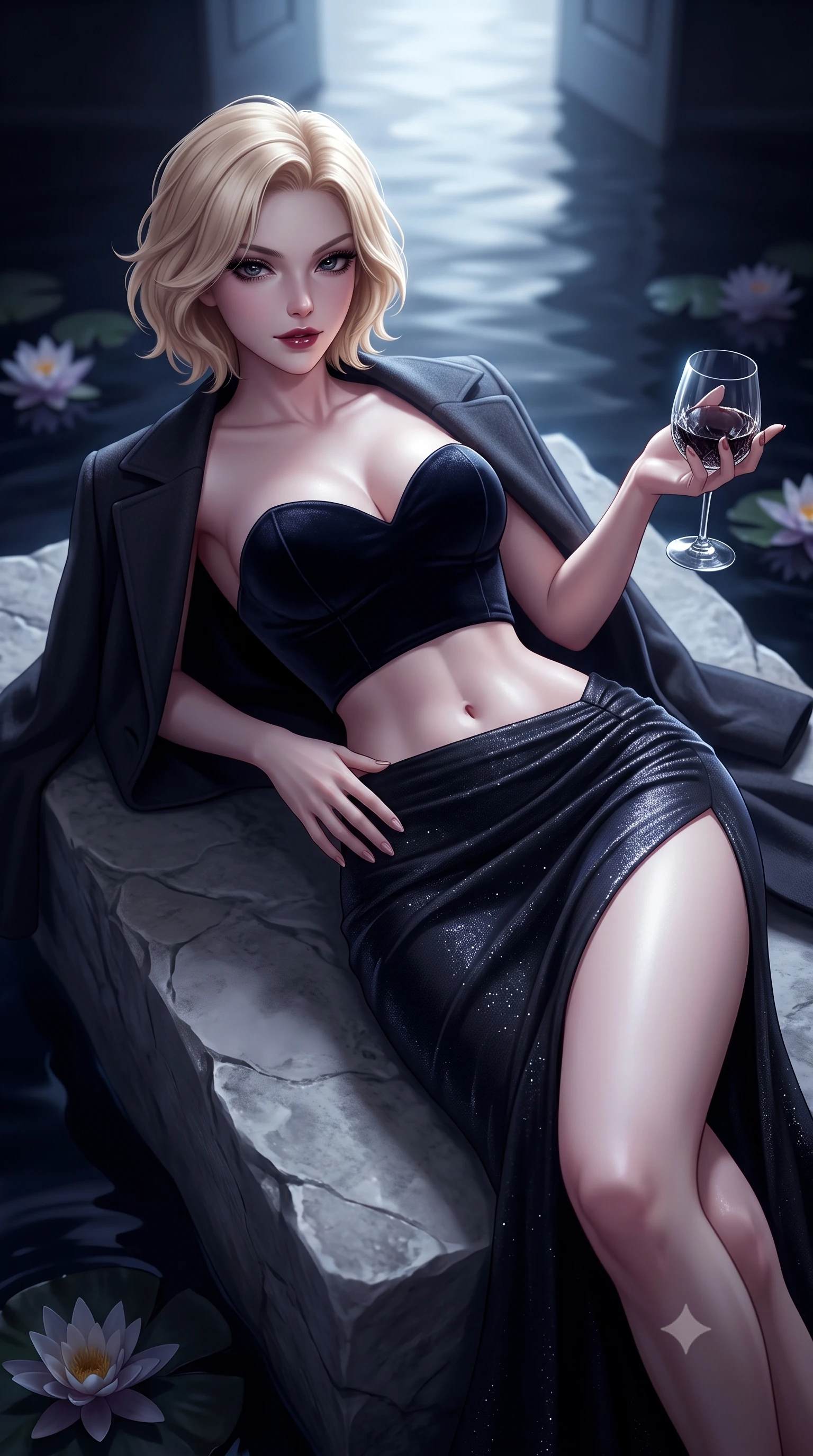 score_9, masterpiece, best quality, ultra-detailed, high-budget anime keyframe, semi-realistic 3D game render, editorial fashion photography, tasteful artistic composition, Caucasian woman. close-up cowboy shot from the waist and thighs up, the character dominates the composition, filling the frame with her large presence. twisting her slender torso in an alluring contrapposto stance, one hand resting on her sculpted hip while holding a crystal glass with effortless poise while reclining languidly on a floating stone plinth propped on one elbow, her long slender legs and hourglass curves commanding the frame with dark allure. The composition keeps background elements in soft focus with dreamy creamy bokeh. mirror-like dark water ripples and floating nocturnal water lilies softened in architectural minimalist shallow focus. She has an exceptionally elegant, slender, and willowy female figure with an ultra-slim waist, flat toned midriff, narrow ribcage, and sculpted feminine hips creating an alluring, slim hourglass silhouette without bulk. sharp v-shaped jawline, high-bridge nose, intricate jewel-like dark sparkling eyes with dangerous depth, thick curled eyelashes, glossy parted lips with a rich wine sheen, smoldering seductive half-smile with bedroom-eyes, exuding effortless superiority and intoxicating dark allure, flawlessly proportioned anatomical accuracy, strict slender model proportions, natural body alignment, perfectly sculpted long slender limbs, ultra-slim waistline, clean dynamic posture without body distortion. wearing a sweetheart-neckline velvet bustier paired with a curve-hugging high-slit mermaid maxi skirt in pure obsidian monochrome with subtle metallic sheen, woven from metallic lurex thread casting subtle starlight glints across the fabric, complemented by an oversized dark cashmere coat draped casually over one shoulder, the high-waisted tailoring accentuating her ultra-slim waistline and the enchanting curve of her feminine hips with alluring dark charm. bathed in cold silvery moonlight filtered from a dramatic high skylight opening. highly saturated vibrant anime colors, detailed shading with soft gradients, rich glossy textures, high-contrast stereoscopic depth, volumetric dynamic lighting, master piece, 9:16 ratio