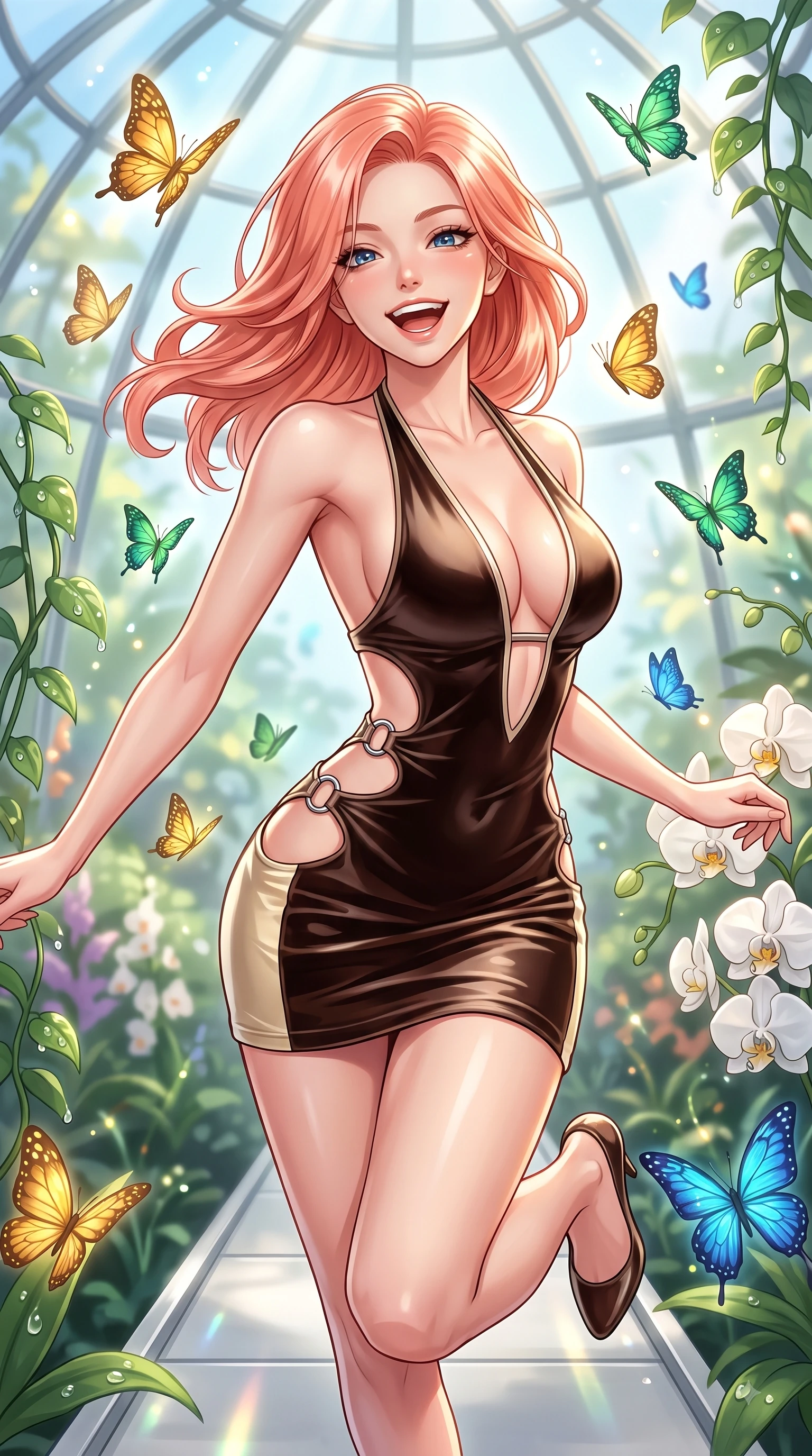 score_9, masterpiece, best quality, ultra-detailed, high-budget anime keyframe, editorial fashion photography, tasteful artistic composition, Japanese woman. close-up cowboy shot from the waist and thighs up, the character dominates the composition, filling the frame with her large presence, background elements kept in soft focus. Joyful laughing expression filled with genuine happiness and warmth, leaning forward with cheerful energy while leaping playfully across a platinum walkway in a sunlit glass dome filled with glowing butterflies, dewdrops on lush green vines and white orchids reflecting radiant gold and emerald. She has an exceptionally elegant, slender, and willowy female figure with an ultra-slim waist, a gracefully sculpted slender torso, and a refined silhouette. sharp v-shaped jawline, high-bridge nose, intricate jewel-like eyes with depth, thick eyelashes, glossy lips with a natural sheen, flawlessly proportioned anatomical accuracy, natural body alignment, perfectly sculpted elegant limbs, clean dynamic posture without body distortion. wearing a deep-scoop halter bodycon dress with hip cutouts connected by silver rings in espresso brown and warm cream, made of premium stretch velvet with a rich sheen, featuring clean architectural cutouts along her slender torso, the elegant draped fit framing her graceful clavicle and slender torso. surrounded by a bright, airy greenhouse ambiance with radiant white and green highlights. highly saturated vibrant anime colors, detailed shading with soft gradients, rich glossy textures, high-contrast stereoscopic depth, volumetric dynamic lighting, master piece, 9:16 ratio