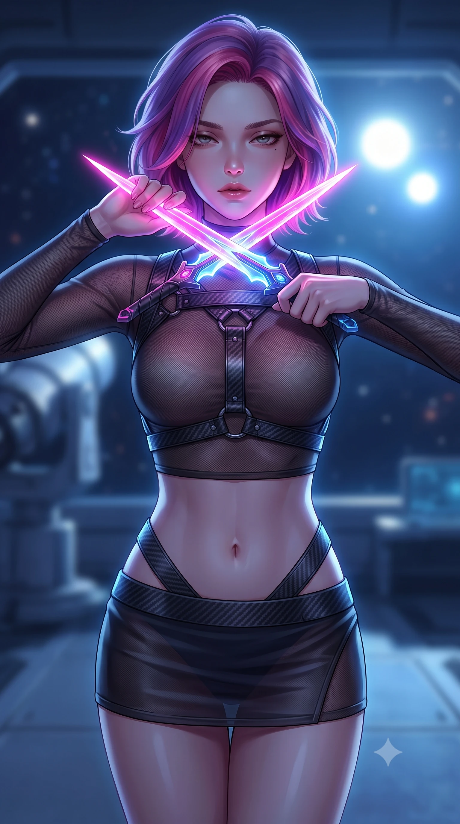 score_9, masterpiece, best quality, ultra-detailed, high-budget anime keyframe, editorial fashion photography, tasteful artistic composition, Caucasian woman. close-up cowboy shot from the waist and thighs up, the character dominates the composition, filling the frame with her large presence, background elements kept in soft focus. holding two energy daggers crossed in front of her elegant collarbone, casting a heavy-lidded, sultry look, the background shows a soft-focus a telescope deck on a space station facing a bright binary star system. She has an exceptionally elegant, slender, and willowy female figure with an ultra-slim waist, a gracefully sculpted slender torso, and a refined silhouette. sharp v-shaped jawline, high-bridge nose, intricate jewel-like eyes with depth, thick eyelashes, glossy lips with a natural sheen. wearing a form-contouring semi-opaque dark mesh crop top paired with a micro skirt, layered with a carbon-fiber harness. cool blue moonlight wrapping her statuesque posture in a quiet, solemn mood. highly saturated vibrant anime colors, detailed shading with soft gradients, rich glossy textures, high-contrast stereoscopic depth, volumetric dynamic lighting, master piece, 9:16 ratio