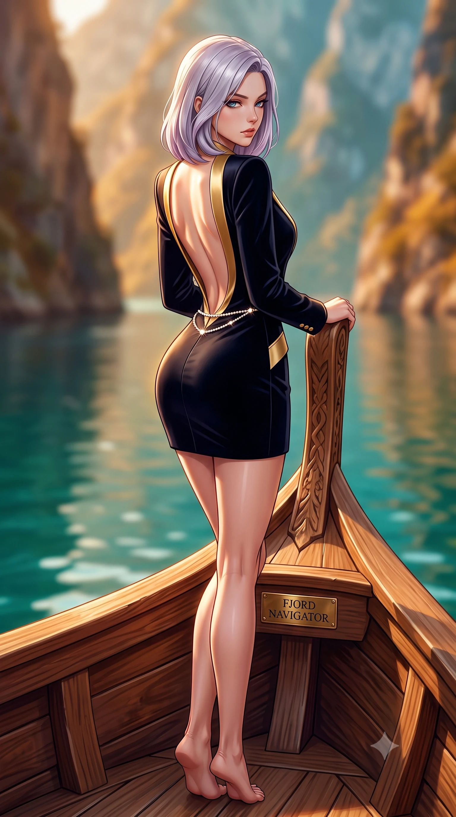 score_9, masterpiece, best quality, ultra-detailed, high-budget anime keyframe, semi-realistic 3D game render, editorial fashion photography, tasteful artistic composition, Caucasian woman. low angle full-body shot from head to toe showing her feet, filling the entire 9:16 vertical frame with her statuesque presence, stretching her vertical silhouette. posing with back turned slightly to the lens, glancing back with smoldering allure as she arches her lower back to emphasize her sculpted feminine hips and slender waist while leaning forward against the carved wooden dhow gunwale with lower back arched, looking over her shoulder at the glassy emerald waters. The composition keeps background elements in soft focus with creamy bokeh. towering jagged fjord cliff faces and crystalline emerald sea waters blurred into warm ochre, turquoise, and bronze bokeh. She has an exceptionally tall and slender model-like 8.5-heads proportion, an ultra-slim waist, a flat toned midriff, narrow delicate ribcage, and beautifully sculpted feminine hips creating a graceful, slim hourglass silhouette without any bulky heaviness, with impossibly long slender legs. sharp v-shaped jawline, high-bridge nose, intricate jewel-like eyes with depth, thick eyelashes, glossy parted lips with a natural sheen, intensely captivating and seductive bedroom-eyes expression, flawlessly proportioned anatomical accuracy, strict slender model proportions, natural body alignment, perfectly sculpted long slender limbs, ultra-slim waistline, clean dynamic posture without body distortion. wearing a tailored velvet tuxedo jacket dress with satin lapels, worn with a deep plunge neckline and gold hip buckle in midnight obsidian black and liquid gold, tailored from liquid silk jersey adhering flawlessly to her slender build, accented with a dainty diamond waist chain catching the ambient light reflections, the dramatically scooped open back descending to the base of her spine, accentuating her razor-sharp statuesque lines and slim hourglass silhouette. illuminated by intense golden specular reflections sculpting her bare collarbones, ultra-slim waist, and curvy hips. highly saturated vibrant anime colors, detailed shading with soft gradients, rich glossy textures, high-contrast stereoscopic depth, volumetric dynamic lighting, master piece, 9:16 ratio