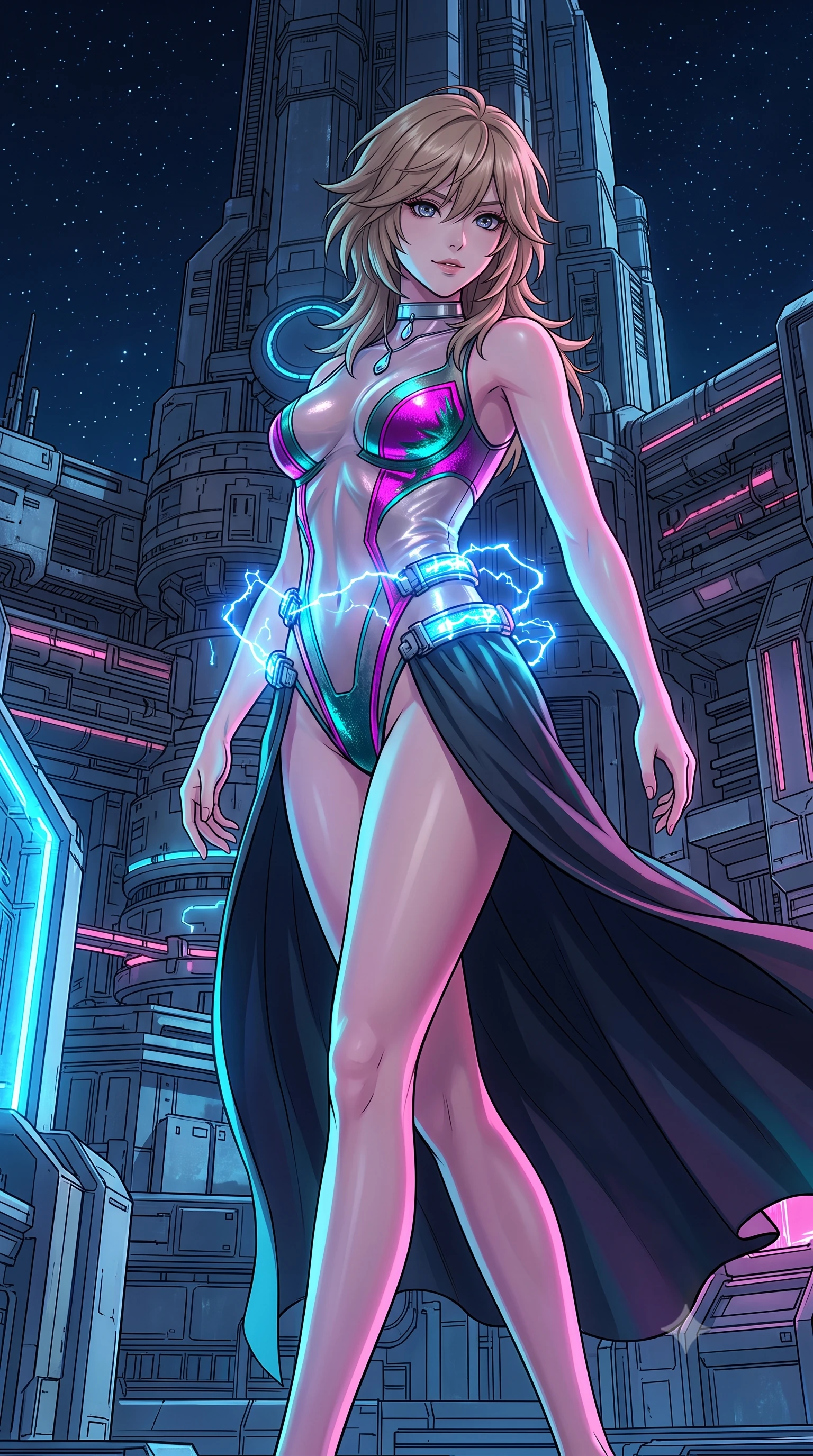 score_9, masterpiece, best quality, ultra-detailed, high-budget anime keyframe, semi-realistic 3D game render, editorial fashion photography, tasteful artistic composition, Japanese woman. low angle full-body shot from head to toe showing her feet, filling the entire 9:16 vertical frame with her statuesque presence, stretching her vertical silhouette. executing a slow, graceful pivot turn as her skirt sways around her slender legs, glancing back with an enchanting, teasing sensual expression while twisting her slender torso in an alluring contrapposto stance, crackling blue electrical arcs leaping between capacitors wrapping around her narrow waist and curvy hips. The surrounding environment is rendered in vivid detail and crisp panoramic clarity: detailed anime keyframe lines, rich fabric textures, and monumental space defense weapon architecture in razor-sharp precision. She has an exceptionally tall and slender model-like 8.5-heads proportion, an ultra-slim waist, a flat toned midriff, narrow delicate ribcage, and beautifully sculpted feminine hips creating a graceful, slim hourglass silhouette without any bulky heaviness, with impossibly long slender legs. sharp v-shaped jawline, high-bridge nose, intricate jewel-like sparkling eyes with depth, thick eyelashes, glossy parted lips with a natural peach sheen, bright cheerful beaming smile with an enchanting and coquettish sensual glint, exuding both youthful cute charm and seductive allure, flawlessly proportioned anatomical accuracy, strict slender model proportions, natural body alignment, perfectly sculpted long slender limbs, ultra-slim waistline, clean dynamic posture without body distortion. wearing a provocative sheer-illusion tactical combat bodysuit with strategic metallic foil flocking and high-cut leg openings in Kowloon neon magenta and electric teal, crafted from translucent silk organza with an ethereal crystalline sheen, finished with a minimalist chrome choker and a single teardrop diamond pendant, the bespoke structured tailoring following the natural line of her 8.5-heads silhouette with refined elegance. bathed in cold electric-blue capacitor glow combined with crisp unpolluted starlight. highly saturated vibrant anime colors, detailed shading with soft gradients, rich glossy textures, high-contrast stereoscopic depth, volumetric dynamic lighting, master piece, 9:16 ratio