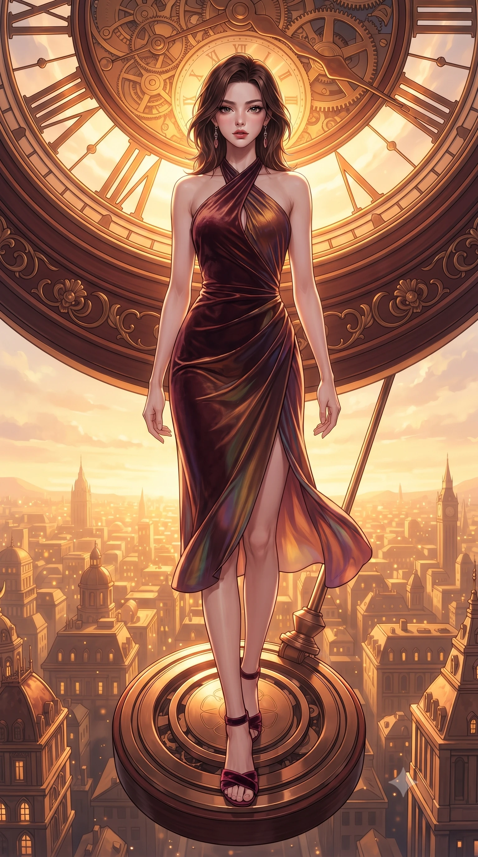 score_9, masterpiece, best quality, ultra-detailed, high-budget anime keyframe, editorial fashion photography, tasteful artistic composition, Korean woman. low angle full-body shot from head to toe showing her feet, filling the entire 9:16 vertical frame with her statuesque presence, stretching her vertical silhouette. stepping forward with proud posture, filling the vertical frame with her magnetic presence poised on a massive mechanical clock pendulum swinging over a golden city, rich mahogany and polished bronze textures reflecting warm hearth light. She has an absolutely perfect, statuesque 8.5-heads proportion, an exceptionally tall and slender model-like female figure with impossibly long slender legs and an ultra-slim waist. sharp v-shaped jawline, high-bridge nose, intricate jewel-like eyes with depth, thick eyelashes, glossy lips with a natural sheen. wearing a velvet halter-neck midi dress following her form like a glove in deep burgundy and bronze, crafted from iridescent chiffon that shifts colors in the light, complemented by criss-cross back straps highlighting her bare shoulders, the elegant draped fit framing her graceful clavicle and slender torso. illuminated by a brilliant golden hour glow filtering through clockwork dials. highly saturated vibrant anime colors, detailed shading with soft gradients, rich glossy textures, high-contrast stereoscopic depth, volumetric dynamic lighting, master piece, 9:16 ratio