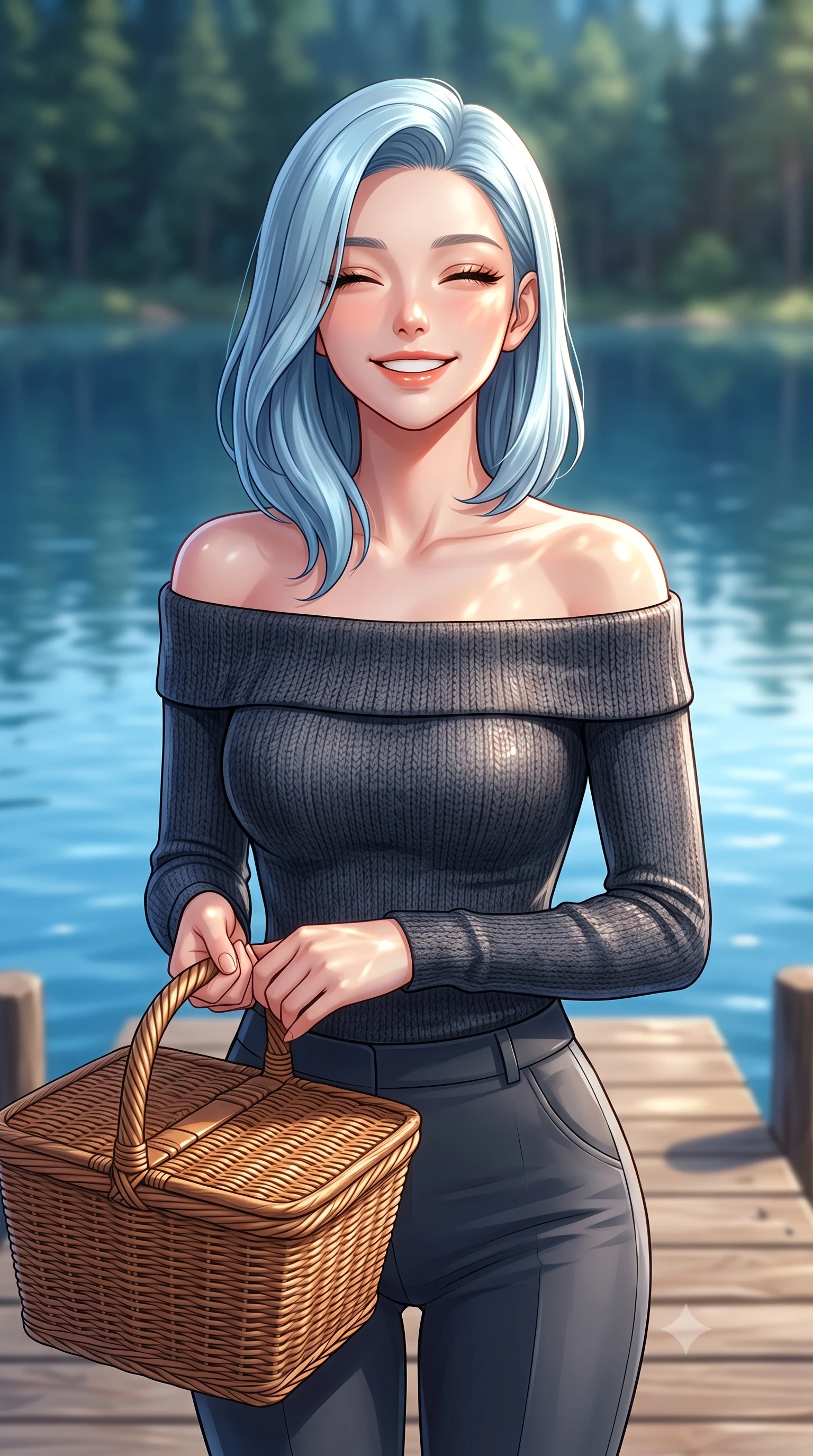score_9, masterpiece, best quality, ultra-detailed, high-budget anime keyframe, editorial fashion photography, tasteful artistic composition, Korean woman. close-up cowboy shot from the waist and thighs up, the character dominates the composition, filling the frame with her large presence, background elements kept in soft focus. smiling happily with closed eyes, enjoying the warm sunbeams on her face set against a soft-focus background of on a quiet wooden pier extending into a calm, blue forest lake holding a woven picnic basket with a bright, cheerful expression. She has an exceptionally elegant, slender, and willowy female figure with an ultra-slim waist, a gracefully sculpted slender torso, and a refined silhouette. sharp v-shaped jawline, high-bridge nose, intricate jewel-like eyes with depth, thick eyelashes, glossy lips with a natural sheen. wearing tailored body-hugging off-shoulder knit top in charcoal, paired with tailored slim pants. bright daylight reflecting off the water, casting shifting ripples on her skin. highly saturated vibrant anime colors, detailed shading with soft gradients, rich glossy textures, high-contrast stereoscopic depth, volumetric dynamic lighting, master piece, 9:16 ratio