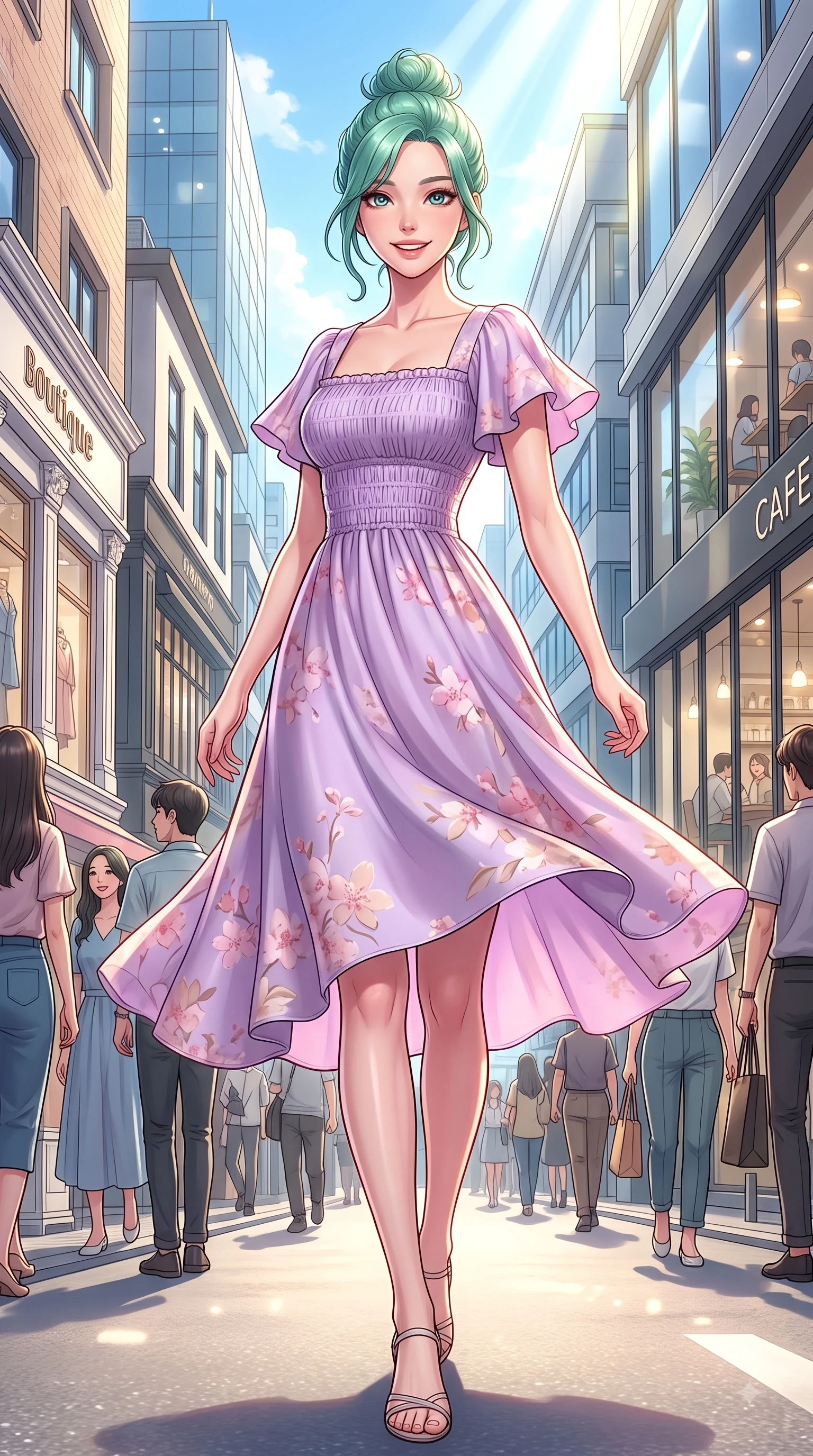 score_9, masterpiece, best quality, ultra-detailed, high-budget anime keyframe, editorial fashion photography, tasteful artistic composition, Japanese woman. low angle full-body shot from head to toe showing her feet, filling the entire 9:16 vertical frame with her statuesque presence, stretching her vertical silhouette. pivoting dynamically with a fresh infectious smile, her ultra-slim waist creating a sweeping fluid curve while pivoting in a stylish stride under bright sunbeams on a bustling college town fashion avenue. The surrounding environment is rendered in vivid detail and crisp panoramic clarity. crisp sunlight highlights filtering between stylish Seongsu boutiques and modern cafes. She has an absolutely perfect, statuesque 8.5-heads proportion, an exceptionally tall and slender model-like female figure with impossibly long slender legs and an ultra-slim waist. sharp v-shaped jawline, high-bridge nose, intricate jewel-like eyes with depth, thick eyelashes, glossy lips with a natural sheen, flawlessly proportioned anatomical accuracy, natural body alignment, perfectly sculpted elegant limbs, clean dynamic posture without body distortion. wearing a romantic lilac square-neck sundress with soft smocked bodice and fluttery hem in cherry blossom pink and soft beige, crafted from smooth fluid silk satin, featuring elegant flutter sleeves and a graceful square neckline, the breezy lightweight fabric fluttering softly against her delicate frame. illuminated by crisp clear afternoon key light and vibrant street highlights. highly saturated vibrant anime colors, detailed shading with soft gradients, rich glossy textures, high-contrast stereoscopic depth, volumetric dynamic lighting, master piece, 9:16 ratio