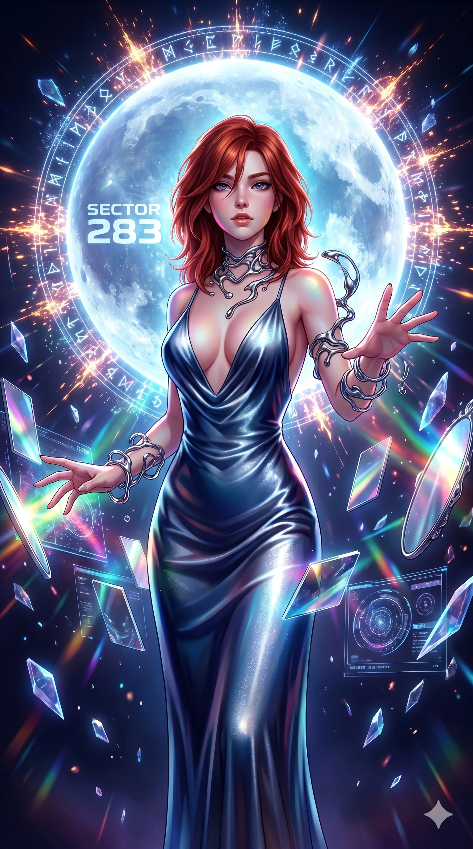 score_9, masterpiece, best quality, ultra-detailed, Set A: High-budget Anime Keyframe, Korean woman. Low angle cowboy shot filling the entire 9:16 frame with her statuesque presence. Casting a spell through a dimension of floating mirrors, with a massive holographic moon rising behind her marked as sector 283 and surrounded by glowing energy sparks. She has an absolutely perfect 8-heads proportion, an exceptionally tall and slender female figure with impossibly long slender legs and an ultra-slim waist. Sharp v-shaped jawline, high-bridge nose, intricate jewel-like eyes with depth, thick eyelashes, glossy lips with a natural sheen. Wearing Elegant silk slip dress with a dangerously low neckline and molten mercury accessories. Cinematic lighting, vibrant colors, dramatic shadows, 2k, ultra detail, master piece, 9:16 ratio