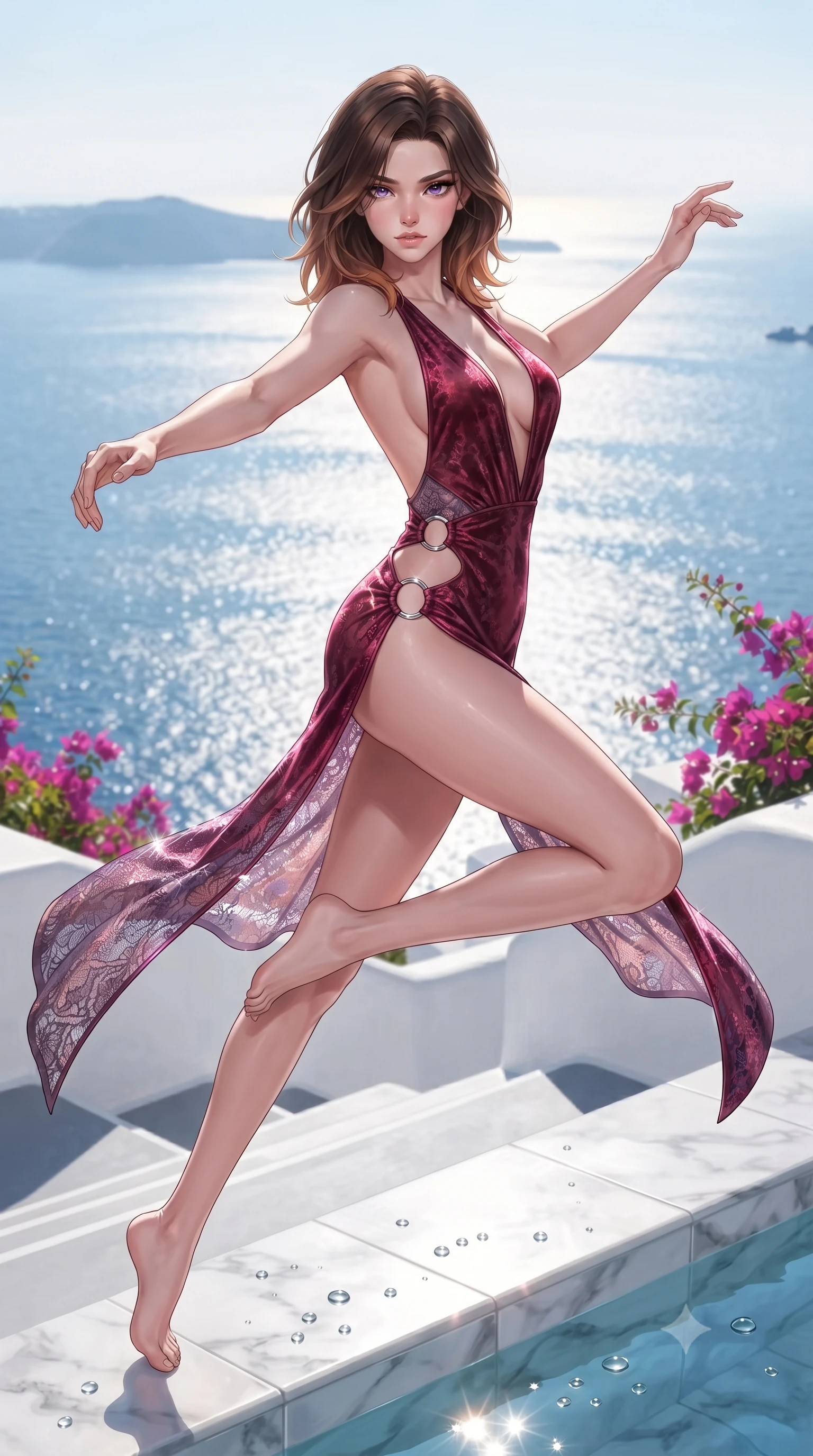 score_9, masterpiece, best quality, ultra-detailed, high-budget anime keyframe, editorial fashion photography, tasteful artistic composition, Korean woman. low angle full-body shot from head to toe showing her feet, filling the entire 9:16 vertical frame with her statuesque presence, stretching her vertical silhouette. performing an alluring mid-air vault with flawless poise, looking directly into the camera with smoldering intensity while pivoting dynamically on white caldera steps with a breathtaking view of the sparkling sunlit Mediterranean sea. The surrounding environment is rendered in vivid detail and crisp panoramic clarity. sharp water droplet beads, polished marble pool tiles, and vibrant bougainvillea flowers rendered in high clarity. She has an absolutely perfect, statuesque 8.5-heads proportion, an exceptionally tall and slender model-like female figure with impossibly long slender legs, a toned flat midriff, and an ultra-slim waist. sharp v-shaped jawline, high-bridge nose, intricate jewel-like eyes with depth, thick eyelashes, glossy lips with a natural sheen, flawlessly proportioned anatomical accuracy, strict slender model proportions, natural body alignment, perfectly sculpted long slender limbs, ultra-slim waistline, clean dynamic posture without body distortion. wearing a backless crimson crushed velvet gown with a deep plunging V-neckline, strategic hip cutouts, and an ultra-high thigh slit in luminous lavender violet and rose gold, crafted from delicate dark lace interwoven with luminescent micro-fibers, detailed with polished silver rings connecting the daring side-waist cutouts, the glove-like aerodynamic second-skin fit tightly clinging to her ultra-slender waist and athletic curves without adding bulk, accentuating her razor-sharp statuesque lines and slim hourglass silhouette. illuminated by clear sky fill light and sparkling specular highlights tracing her slender curves. ultra-reflective glossy finish, specular highlights, metallic sheen, high-contrast stereoscopic depth, volumetric dynamic lighting, 2k, ultra detail, master piece, 9:16 ratio