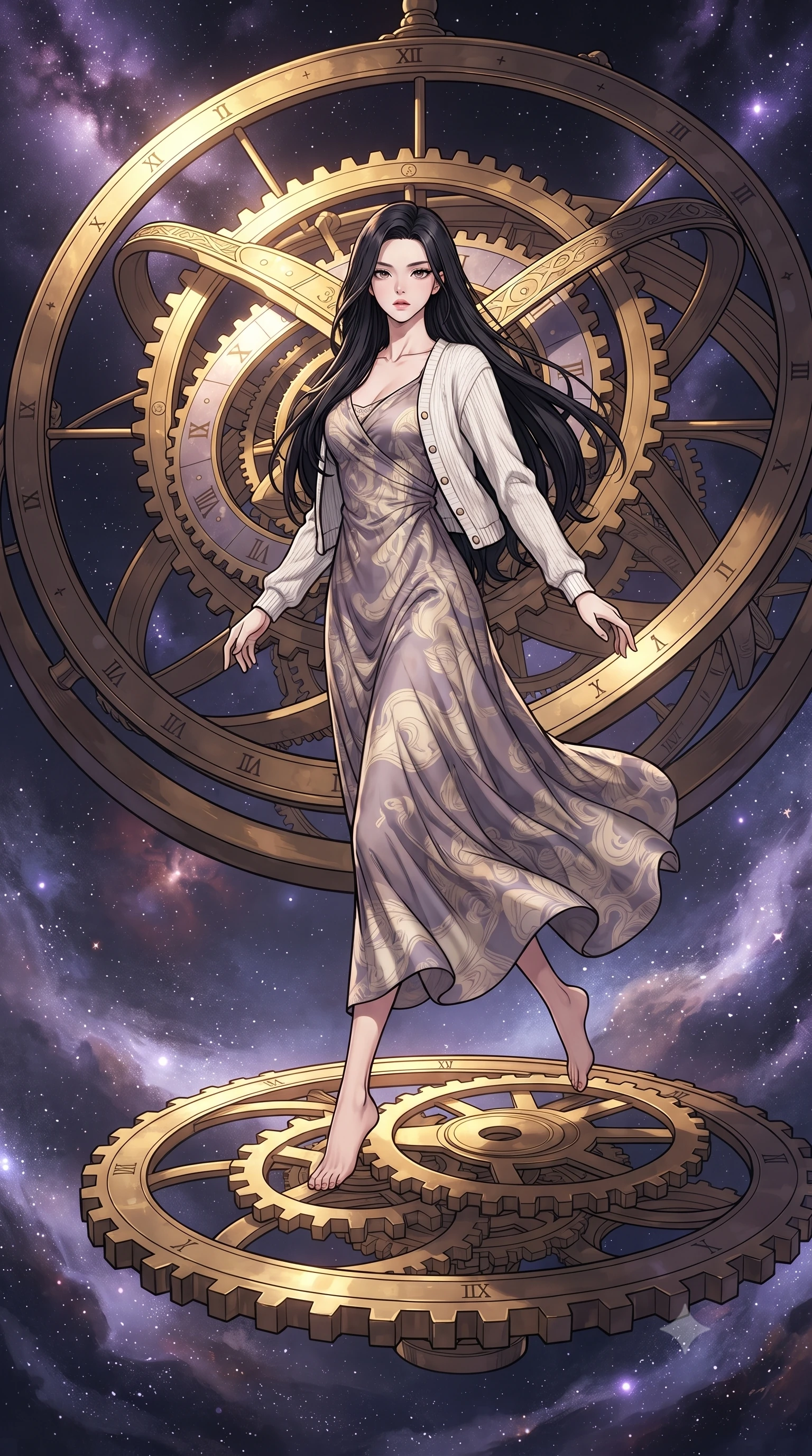 score_9, masterpiece, best quality, ultra-detailed, high-budget anime keyframe, gorgeous anime illustration, with clean line-art and distinct ink outlines, Korean woman. low angle full-body shot from head to toe showing her feet, filling the entire 9:16 vertical frame with her statuesque presence, stretching her vertical silhouette. leaping gracefully through standing on a floating brass clockwork astrolabe high above a sea of stars, giant rotating gear rings and armillary spheres tracing planetary orbits, glowing cosmic dust swirling through open bronze arches. She has a statuesque 8.5-heads proportion, an exceptionally tall, slender and willowy model-like build with impossibly long legs and a highly sculpted ultra-slim waist. sharp v-shaped jawline, high-bridge nose, intricate jewel-like eyes with depth, thick eyelashes, glossy lips with a natural sheen. wearing a flowing silk maxi dress in a muted lavender and cream print, layered under a white knit cardigan. warm golden glow from the brass mechanisms colliding with cold cosmic violet starlight from the surrounding nebula. 2k, ultra detail, master piece, 9:16 ratio, vibrant anime color palette, detailed cel-shading with soft gradients, rich contrast, dynamic lighting, 2d animation style