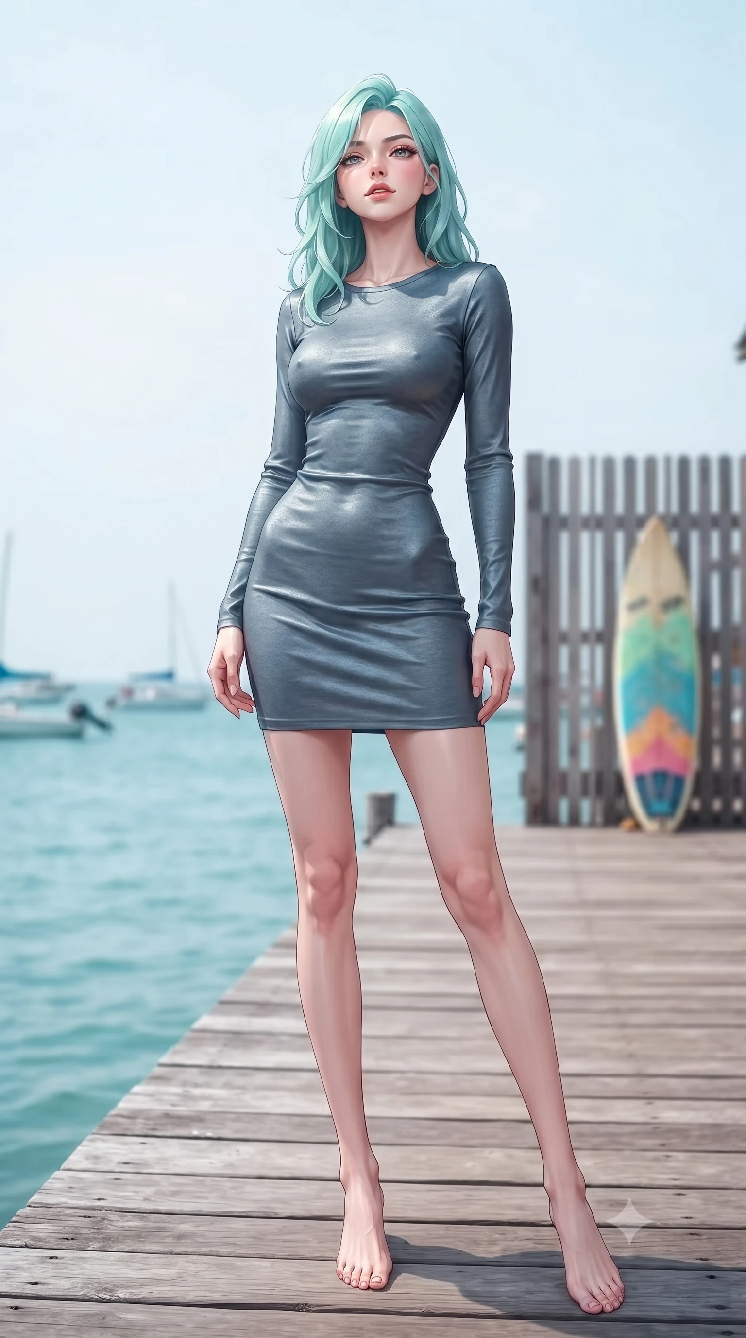 score_9, masterpiece, best quality, ultra-detailed, high-budget anime keyframe, editorial fashion photography, tasteful artistic composition, Japanese woman. low angle full-body shot from head to toe showing her feet, filling the entire 9:16 vertical frame with her statuesque presence, stretching her vertical silhouette. standing in a captivating power pose, tilting her chin up with a smoldering, bright expression set against a soft-focus background of on a scenic pier extending into a calm turquoise sea with views of boats with a surfboard resting against a wooden fence in soft focus behind her. She has an absolutely perfect, statuesque 8.5-heads proportion, an exceptionally tall and slender model-like female figure with impossibly long slender legs and an ultra-slim waist. sharp v-shaped jawline, high-bridge nose, intricate jewel-like eyes with depth, thick eyelashes, glossy lips with a natural sheen. wearing slim-fit body-hugging long-sleeve silk dress in slate grey, following her form elegantly. cool morning daylight creating a fresh, energetic seaside atmosphere. highly saturated vibrant anime colors, detailed shading with soft gradients, rich glossy textures, high-contrast stereoscopic depth, volumetric dynamic lighting, master piece, 9:16 ratio