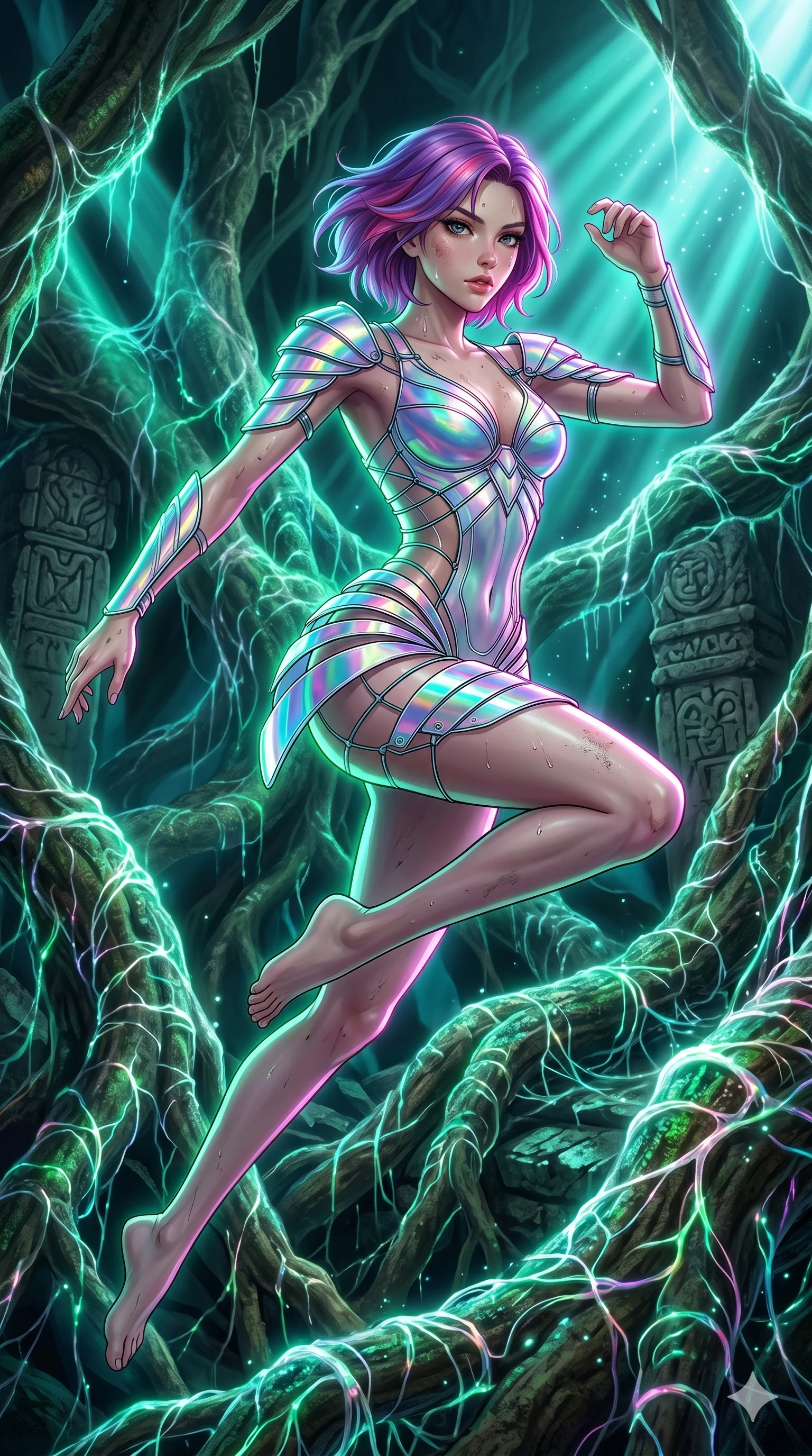 score_9, masterpiece, best quality, ultra-detailed, high-budget anime keyframe, Japanese woman. upper body close-up from the thighs up, character filling the screen for maximum presence. jumping amidst giant ancient tree roots wrapped in trillions of glowing mycelium threads pulsing with emerald and opal light. She has an absolutely perfect 8-heads proportion, an exceptionally tall and slender female figure with impossibly long slender legs and an ultra-slim waist. V-shaped jawline, high-bridge nose, intricate jewel-like eyes with depth, thick eyelashes, glossy lips with a natural sheen.. wearing a holographic ribbon shell armor, featuring thin iridescent plates linked by wire straps over a sleek contouring base. bathed in brilliant cinematic volumetric lighting and intense neon rim light highlighting her slender form. 2k, ultra detail, master piece, 9:16 ratio