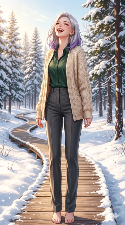 score_9, masterpiece, best quality, ultra-detailed, high-budget anime keyframe, vibrant anime aesthetic, Caucasian woman, strictly human ears. low angle full-body shot from head to toe showing her feet, filling the entire 9:16 vertical frame with her
