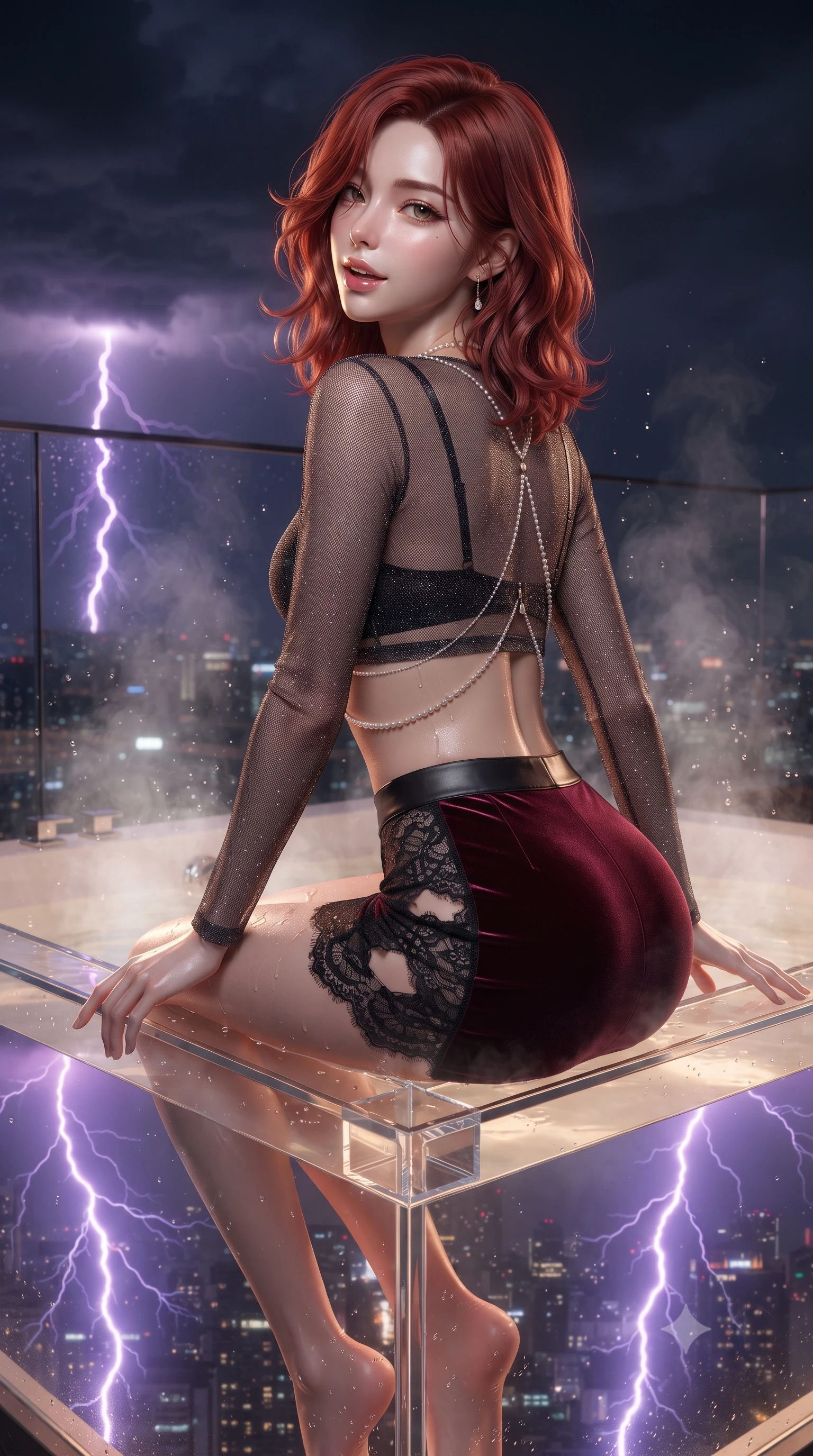 score_9, masterpiece, best quality, ultra-detailed, high-budget anime keyframe, editorial fashion photography, tasteful artistic composition, Korean woman. close-up cowboy shot from the waist and thighs up, the character dominates the composition, filling the frame with her large presence. posing in an alluring rear three-quarter angle, looking over a bare shoulder with parted glossy lips, her hips cocked back to highlight her slim hourglass curve while sitting in the steaming open-air glass jacuzzi cantilevered eighty-five floors up, arching her back with breathtaking wet-look siren grace. The surrounding environment is rendered in vivid detail and crisp panoramic clarity: sharp transparent acrylic tub corner joint clarity, rising steam vapor droplets, and lightning bolt branches in deep focus. She has an exceptionally elegant, slender, and willowy female figure with an ultra-slim waist, flat toned midriff, narrow ribcage, and sculpted feminine hips creating an alluring, slim hourglass silhouette without bulk. sharp v-shaped jawline, high-bridge nose, sparkling eyes with hypnotic seductive depth, thick curled eyelashes, glossy parted lips with a natural dewy peach sheen, alluring bedroom-eyes with an enchanting coquettish smile, exuding magnetic siren charisma and sophisticated glamour, flawlessly proportioned anatomical accuracy, strict slender model proportions, natural body alignment, perfectly sculpted long slender limbs, ultra-slim waistline, clean dynamic posture without body distortion. wearing a sheer mesh long-sleeve crop top over an opaque strappy micro-bralette and a sleek leatherette mini skirt in deep bordeaux velvet and delicate black chantilly, woven from stretch metallic lurex jersey casting radiant starlight glints across her silhouette, accented with a pearl-drop body harness subtly framing her dewy collarbones and spine, the precision-cut side openings and low-back scoop framing her graceful spine and the sensual sweep of her slim, toned hips. bathed in warm 3200K underwater tub illumination paired with sudden electric purple lightning flashes from passing clouds. ultra-reflective glossy finish, specular highlights, rich textural contrasts, high-contrast stereoscopic depth, volumetric dynamic lighting, 2k, ultra detail, master piece, 9:16 ratio