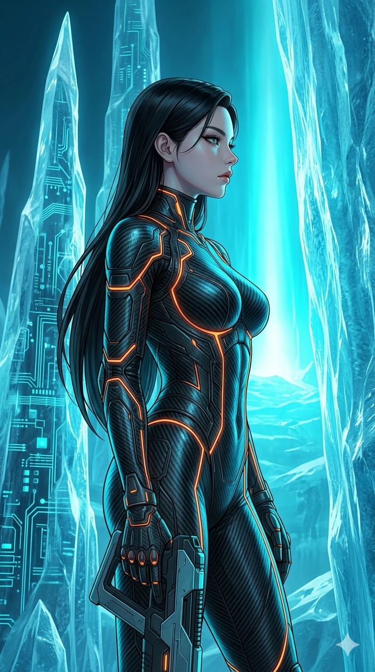 score_9, masterpiece, best quality, ultra-detailed, high-budget anime keyframe, editorial fashion photography, tasteful artistic composition, Korean woman. cowboy shot from the thighs up, character and outfit filling the frame for maximum editorial presence. standing tall and proud, her face turned in sharp profile against the cold cyan light in a cybernetic ice temple with massive glowing circuitry spires (Code-P16-111). She has an absolutely perfect 8-heads proportion, an exceptionally tall and slender female figure with impossibly long slender legs and an ultra-slim waist. V-shaped jawline, high-bridge nose, intricate jewel-like eyes with depth, thick eyelashes, glossy lips with a natural sheen. wearing a second-skin carbon fiber combat suit with neon orange seams and a glove-like fit. cold aqua bioluminescent light reflecting off the ice wall and casting sharp blue highlights. 2k, ultra detail, master piece, 9:16 ratio