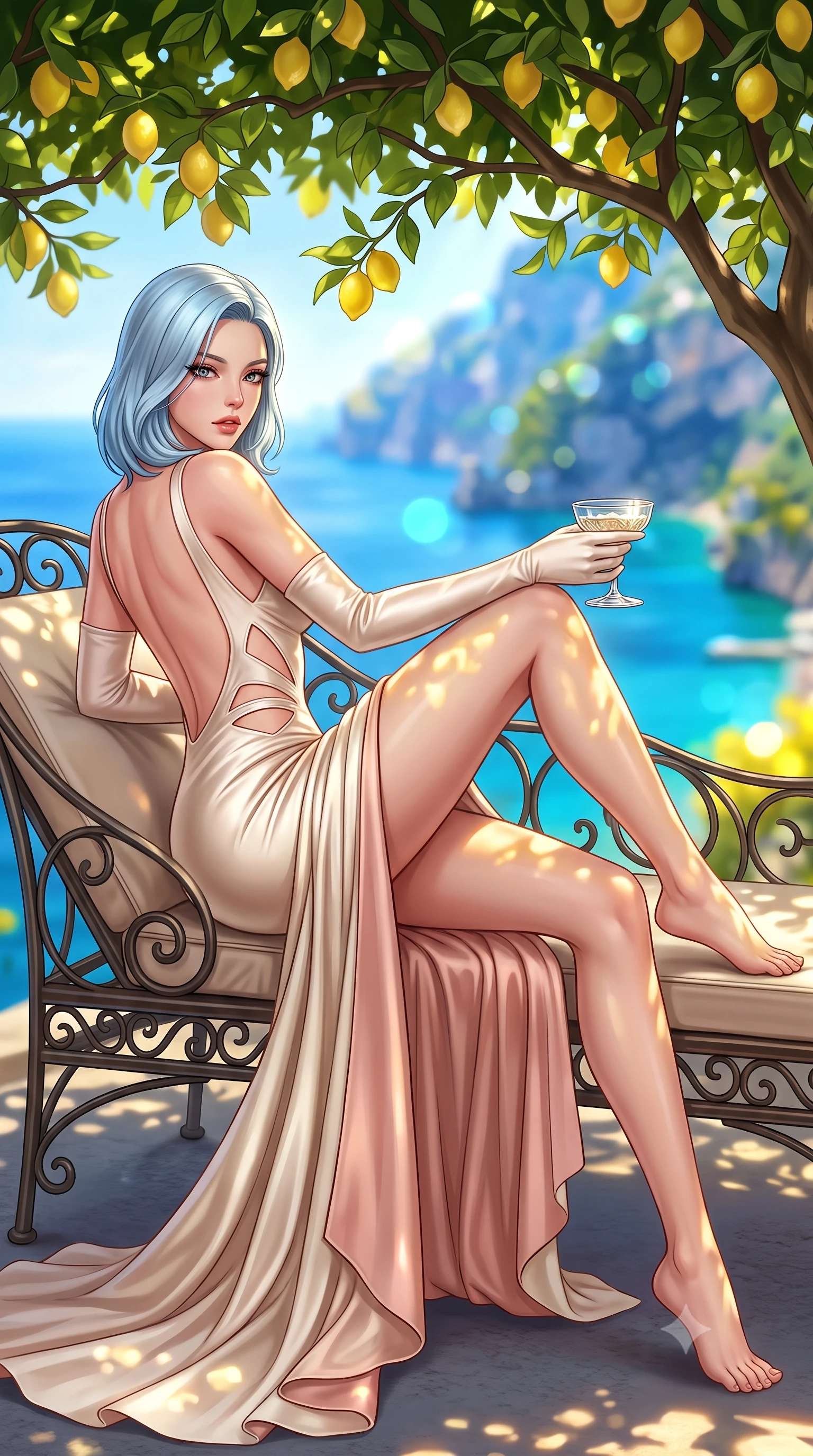 score_9, masterpiece, best quality, ultra-detailed, high-budget anime keyframe, semi-realistic 3D game render, editorial fashion photography, tasteful artistic composition, Korean woman. low angle full-body shot from head to toe showing her feet, filling the entire 9:16 vertical frame with her statuesque presence, stretching her vertical silhouette. reclining on her side in an elegant Cleopatra pose with one knee drawn up, the dramatic contour of her rounded hips and long slender legs commanding the 9:16 vertical frame while reclining languidly across a wrought-iron sunbed under the leafy lemon canopy, her long slender legs and feminine curves bathed in dappled golden light. The composition keeps background elements in soft focus with creamy bokeh. sun-drenched cobalt Mediterranean sea and dramatic Amalfi limestone cliffs blurred into radiant sapphire, turquoise, and lemon-yellow bokeh. She has an exceptionally tall and slender model-like 8.5-heads proportion, an ultra-slim waist, a flat toned midriff, narrow delicate ribcage, and beautifully sculpted feminine hips creating a graceful, slim hourglass silhouette without any bulky heaviness, with impossibly long slender legs. sharp v-shaped jawline, high-bridge nose, intricate jewel-like eyes with depth, thick eyelashes, glossy parted lips with a natural sheen, intensely captivating and seductive bedroom-eyes expression, flawlessly proportioned anatomical accuracy, strict slender model proportions, natural body alignment, perfectly sculpted long slender limbs, ultra-slim waistline, clean dynamic posture without body distortion. wearing an open-back duchess satin gala gown with a dramatic hip-hugging drape and cascading trailing hem in vintage champagne ivory and delicate rose gold, tailored from liquid silk jersey adhering flawlessly to her slender build, accessorized with opera-length satin gloves and a vintage crystal glass, the precision-cut side openings and low-back scoop framing her graceful spine and the sensual sweep of her slim, toned hips. illuminated by intense specular sea surface glints defining her sculpted collarbones, narrow waist, and curvy hips. highly saturated vibrant anime colors, detailed shading with soft gradients, rich glossy textures, high-contrast stereoscopic depth, volumetric dynamic lighting, master piece, 9:16 ratio