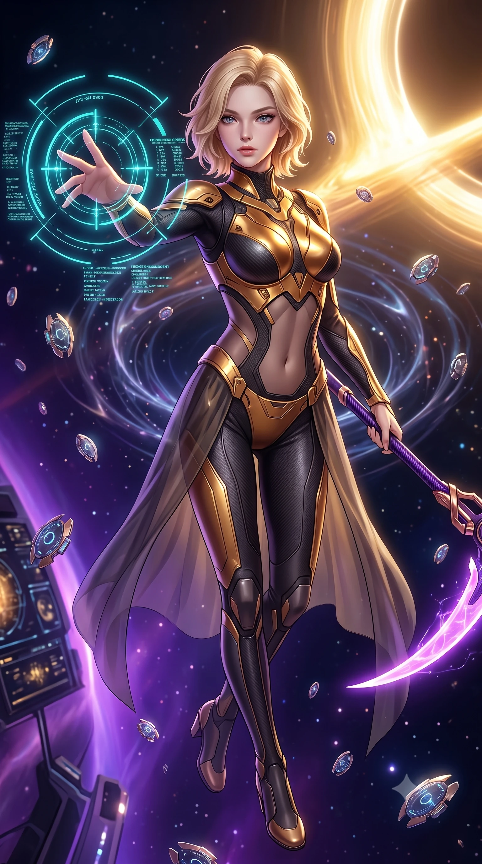 score_9, masterpiece, best quality, ultra-detailed, high-budget anime keyframe, semi-realistic 3D game render, editorial fashion photography, tasteful artistic composition, Caucasian woman. close-up cowboy shot from the waist and thighs up, the character dominates the composition, filling the frame with her large presence. extending one arm gracefully as glowing holographic targeting reticles and data streams orbit her fingertips with sovereign power while drifting gracefully through a field of orbiting micro-shields as gravitational distortion waves ripple around her contour. The surrounding environment is rendered in vivid detail and crisp panoramic clarity. intricate carbon exoskeleton joints, gravitational wave distortion ripples, and star consoles in high clarity. She has an exceptionally elegant, slender, and willowy female figure with an ultra-slim waist, a gracefully sculpted slender torso, toned flat midriff, and a refined slim silhouette. sharp v-shaped jawline, high-bridge nose, intricate jewel-like eyes with depth, thick eyelashes, glossy lips with a natural sheen, flawlessly proportioned anatomical accuracy, strict slender model proportions, natural body alignment, perfectly sculpted long slender limbs, ultra-slim waistline, clean dynamic posture without body distortion. wearing a sculpted molten-gold and dark carbon cuirass paired with high-mobility combat leggings and sheer side drapes, wielding a glowing plasma energy scythe with fluid grace in royal purple carbon fiber with rose-gold hardware and clasps, tailored from flexible second-skin carbon-mesh that clings flawlessly to her athletic curves, detailed with magnetic weapon holsters and polished chrome connection clasps, the precision-cut daring openings accentuating her delicate midriff, graceful bare collarbones, and ultra-slim feminine waistline. bathed in radiant golden singularity accretion glow and saturated violet gravitational field uplights. rich saturated anime colors with glowing neon highlights, detailed shading with soft gradients, rich glossy textures, high-contrast stereoscopic depth, volumetric dynamic lighting, master piece, 9:16 ratio
