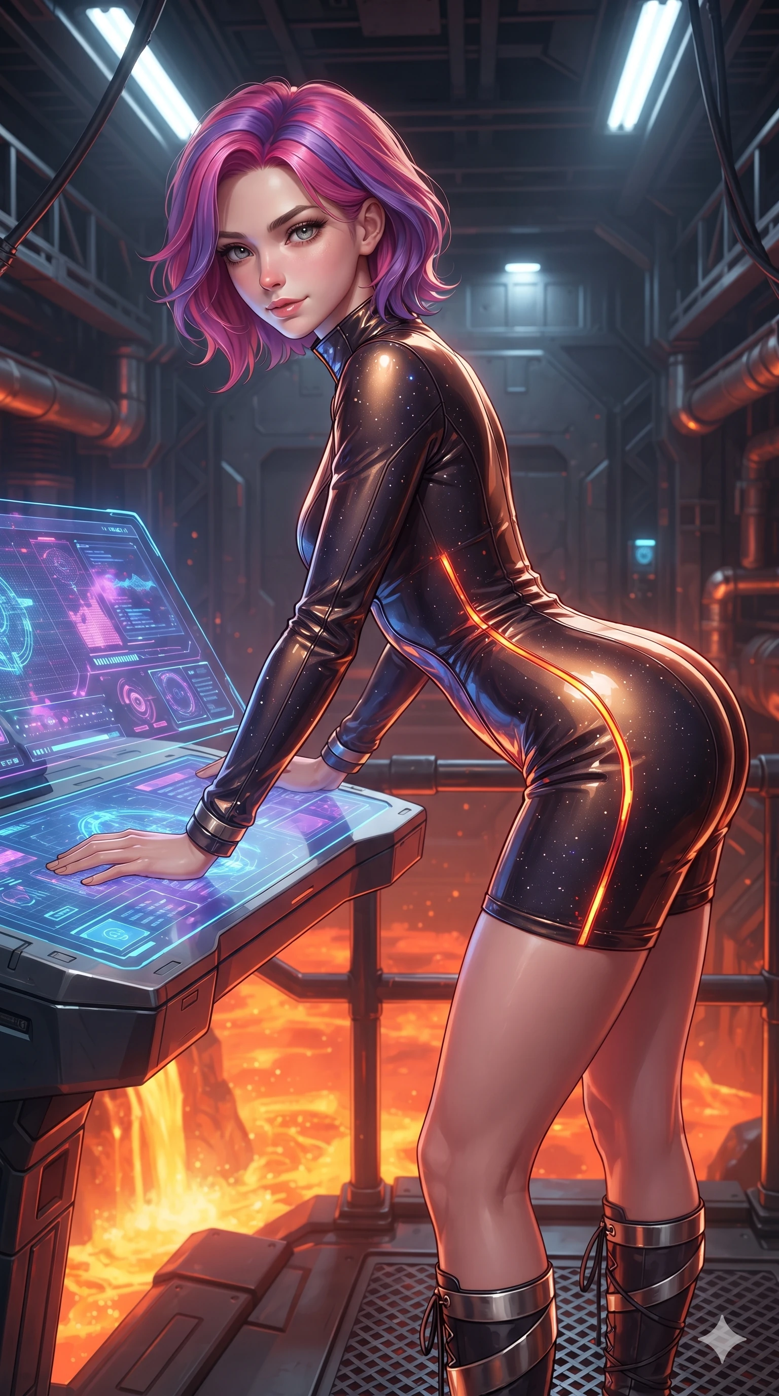 score_9, masterpiece, best quality, ultra-detailed, high-budget anime keyframe, editorial fashion photography, tasteful artistic composition, Caucasian woman. close-up cowboy shot from the waist and thighs up, the character dominates the composition, filling the frame with her large presence. leaning forward over the holographic console while arching her lower back to accentuate her curvy hips, looking into the camera with an intoxicating smoldering bedroom-gaze while twisting her slender torso in an alluring contrapposto, fiery magma reflections painting glowing crimson and gold lines along her narrow waist and hips. The surrounding environment is rendered in vivid detail and crisp panoramic clarity: sharp heat-treated titanium truss bolts, textured non-slip gantry plates, and glowing thermal pipe fittings in deep focus. She has an exceptionally elegant, slender, and willowy female figure with an ultra-slim waist, flat toned midriff, narrow ribcage, and sculpted feminine hips creating an alluring, slim hourglass silhouette without bulk. sharp v-shaped jawline, high-bridge nose, intricate jewel-like sparkling eyes with depth, thick eyelashes, glossy parted lips with a natural sheen, bright confident smile with an enchanting and coquettish sensual glint, exuding both youthful magnetic charm and sovereign high-tech allure, flawlessly proportioned anatomical accuracy, strict slender model proportions, natural body alignment, perfectly sculpted long slender limbs, ultra-slim waistline, clean dynamic posture without body distortion. wearing a refined long-sleeve high-collar flight jumpsuit crafted with ergonomic pressure-sealed seams in cosmic eclipse amber and starlight diamond, made of flexible bullet-resistant ballistic microfiber with high-tensile strength, complemented by strappy stiletto combat boots with metallic ankle wraps accentuating her slender calves, the bespoke structured tailoring following the natural line of her 8.5-heads silhouette with refined elegance. bathed in the radiant 2000K upward glow of the cascading magma river combined with overhead industrial quartz worklights. ultra-reflective glossy finish, specular highlights, rich textural contrasts, high-contrast stereoscopic depth, volumetric dynamic lighting, 2k, ultra detail, master piece, 9:16 ratio