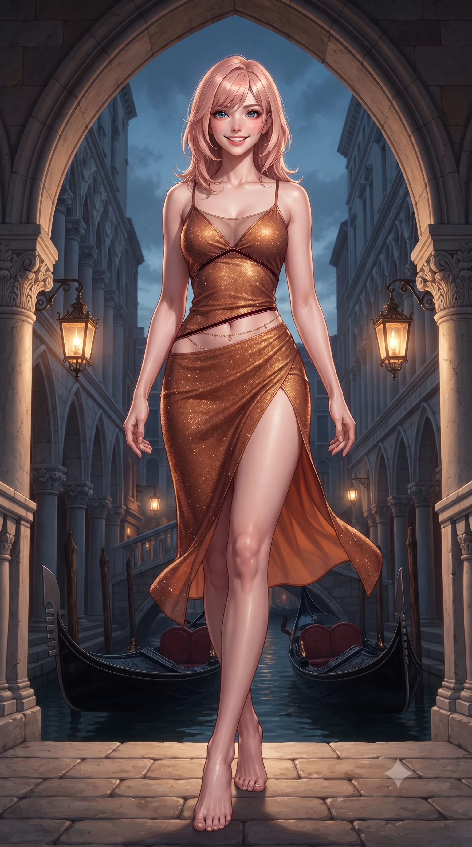 score_9, masterpiece, best quality, ultra-detailed, high-budget anime keyframe, editorial fashion photography, tasteful artistic composition, Japanese woman. low angle full-body shot from head to toe showing her feet, filling the entire 9:16 vertical frame with her statuesque presence, stretching her vertical silhouette. stepping slowly toward the camera with hypnotic grace, hips swaying in an alluring sensual rhythm that accentuates her curvy hourglass silhouette and long slender legs while standing poised between pointed Venetian gothic marble arches, arching her back with timeless siren allure as black gondolas glide past below. The surrounding environment is rendered in vivid detail and crisp panoramic clarity: detailed sheer illusion mesh gown weave, velvet ribbon piping, and master Venetian stonework in razor-sharp precision. She has an exceptionally tall and slender model-like 8.5-heads proportion, an ultra-slim waist, a flat toned midriff, narrow delicate ribcage, and beautifully sculpted feminine hips creating a graceful, slim hourglass silhouette without any bulky heaviness, with impossibly long slender legs. sharp v-shaped jawline, high-bridge nose, intricate jewel-like sparkling eyes with depth, thick eyelashes, glossy parted lips with a natural peach sheen, bright cheerful beaming smile with an enchanting and coquettish sensual glint, exuding both youthful cute charm and seductive allure, flawlessly proportioned anatomical accuracy, strict slender model proportions, natural body alignment, perfectly sculpted long slender limbs, ultra-slim waistline, clean dynamic posture without body distortion. wearing a form-contouring gossamer silk chiffon slip dress with a hip-high slit and open back, clinging smoothly with dewy moisture in warm cinnamon silk and burnished gold, woven from stretch metallic lurex jersey casting radiant starlight glints across her curves, accented with a dainty gold belly chain resting across her flat midriff and curving hips, the high-slit wrap tailoring accentuating her ultra-slim waistline and the enchanting curve of her feminine hips with alluring seductive charm. bathed in the flickering golden glow of historic gas-lamp style canal lanterns mixed with ethereal silver moonlight. ultra-reflective glossy finish, specular highlights, rich textural contrasts, high-contrast stereoscopic depth, volumetric dynamic lighting, 2k, ultra detail, master piece, 9:16 ratio