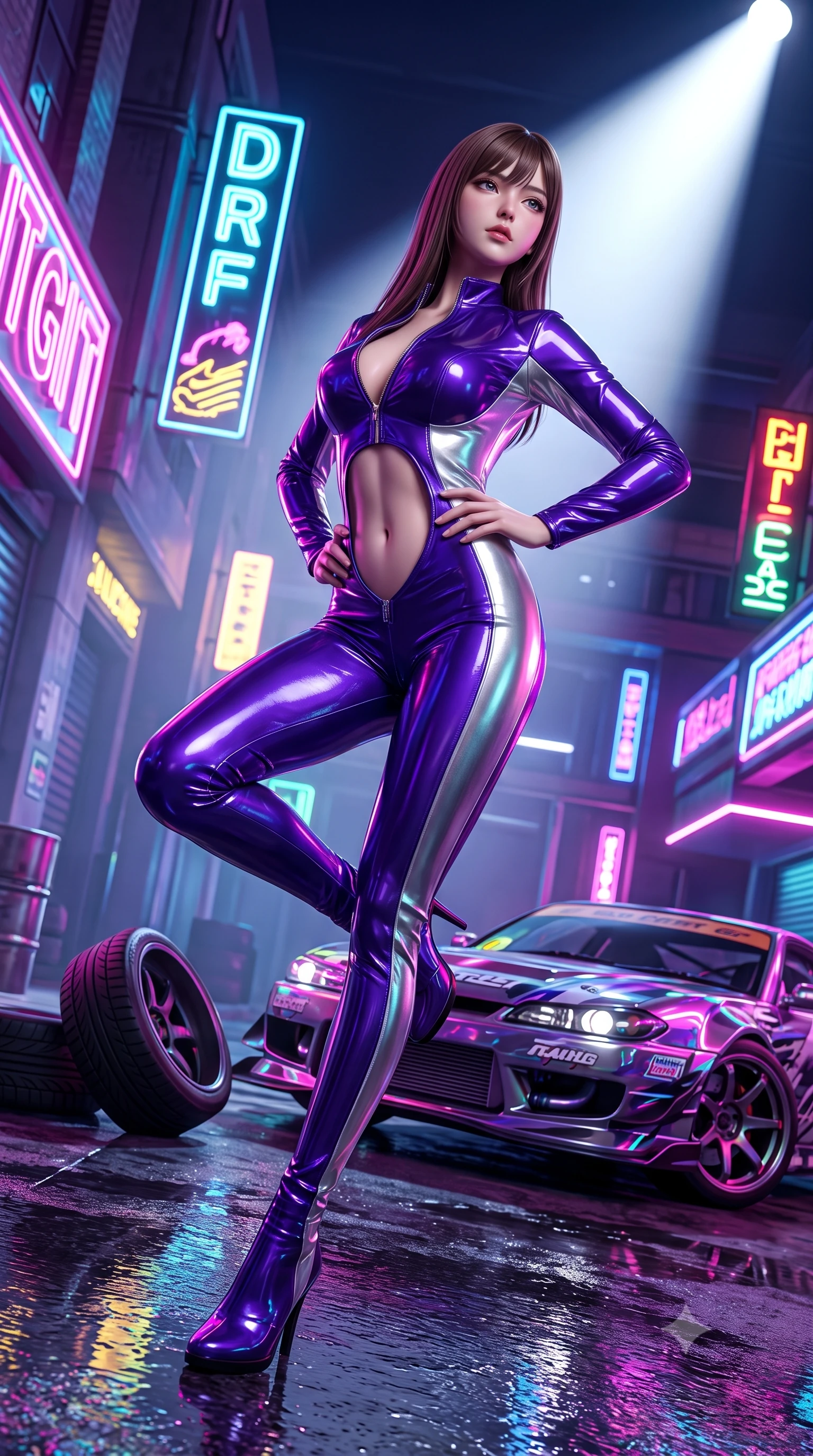 score_9, masterpiece, best quality, ultra-detailed, high-budget anime keyframe, semi-realistic 3D game render, editorial fashion photography, tasteful artistic composition, Korean woman. low angle full-body shot from head to toe showing her feet, filling the entire 9:16 vertical frame with her statuesque presence, stretching her vertical silhouette. reclining back languidly with one knee bent and spine arched in a breathtaking dancer line, commanding the entire 9:16 vertical frame while twisting her athletic torso in an alluring S-curve while resting both hands on her hips, looking past the camera with fearless allure. The surrounding environment is rendered in vivid detail and crisp panoramic clarity. intense neon-noir chiaroscuro and exhilarating urban drift culture aesthetics rendered with precision. She has an absolutely perfect, statuesque 8.5-heads proportion, an exceptionally tall and slender model-like female figure with impossibly long slender legs, a toned flat midriff, and an ultra-slim waist. sharp v-shaped jawline, high-bridge nose, intricate jewel-like eyes with depth, thick eyelashes, glossy parted lips with a natural sheen, intensely captivating and seductive expression, flawlessly proportioned anatomical accuracy, strict slender model proportions, natural body alignment, perfectly sculpted long slender limbs, ultra-slim waistline, clean dynamic posture without body distortion. wearing a high-gloss patent leather racing catsuit with an open front zipper and high stand collar in toxic ultraviolet purple and chrome silver, crafted from flexible ballistic matte leather and aerodynamic stretch neoprene, complemented by a neon LED belt buckle and translucent vinyl tool pouch, the sleek tactical cut tightly hugging her graceful clavicle, narrow waist, and athletic curves with statuesque precision. bathed in dynamic color-shifting LED race lights and sweeping white spotlight fill. highly saturated vibrant anime colors, detailed shading with soft gradients, rich glossy textures, high-contrast stereoscopic depth, volumetric dynamic lighting, master piece, 9:16 ratio
