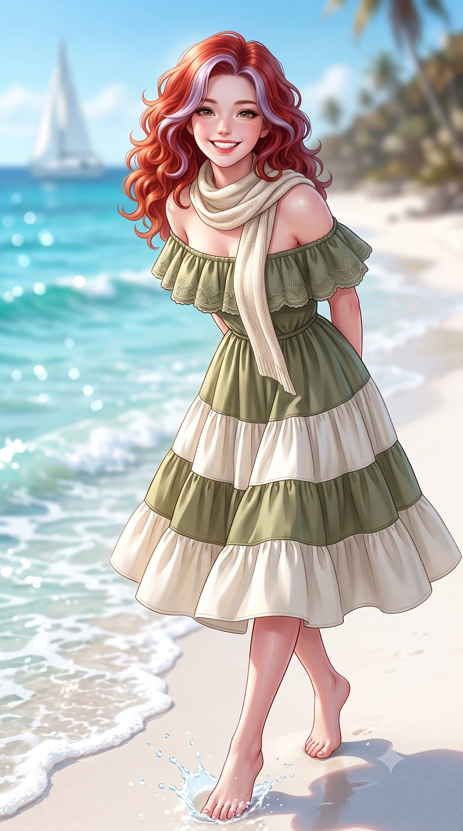 score_9, masterpiece, best quality, ultra-detailed, high-budget anime keyframe, semi-realistic 3D game render, editorial fashion photography, tasteful artistic composition, Caucasian woman. close-up cowboy shot from the waist and thighs up, the character dominates the composition, filling the frame with her large presence. radiating a joyful bright smile with sparkling jewel-like eyes and pure charming energy, leaning forward with playful grace while stepping barefoot along a pristine white sandy cove as gentle crystalline seafoam laps at the shoreline. The composition keeps background elements in soft focus with creamy bokeh. sparkling turquoise ocean waves and distant white sailboat silhouettes blurred into clean marine blue and seafoam bokeh. She has an exceptionally elegant, slender, and willowy female figure with an ultra-slim waist, a gracefully sculpted slender torso, toned flat midriff, and a refined slim silhouette. sharp v-shaped jawline, high-bridge nose, intricate jewel-like eyes with depth, thick eyelashes, glossy lips with a natural sheen, pure and lovely fresh girlhood expression, flawlessly proportioned anatomical accuracy, strict slender model proportions, natural body alignment, perfectly sculpted long slender limbs, ultra-slim waistline, clean dynamic posture without body distortion. wearing a graceful off-shoulder cotton sundress with a ruffled neckline and tiered A-line skirt in muted olive green and ivory cotton, crafted from smooth fluid silk satin with a natural gentle sheen, finished with a lightweight knitted scarf draped loosely around her neck, the body-hugging lightweight knit clinging delicately to her slender torso, accentuating her graceful neck and feminine lines. surrounded by a refreshing, breezy, and irresistibly vibrant coastal sweetheart aura. highly saturated vibrant anime colors, detailed shading with soft gradients, rich glossy textures, high-contrast stereoscopic depth, volumetric dynamic lighting, master piece, 9:16 ratio
