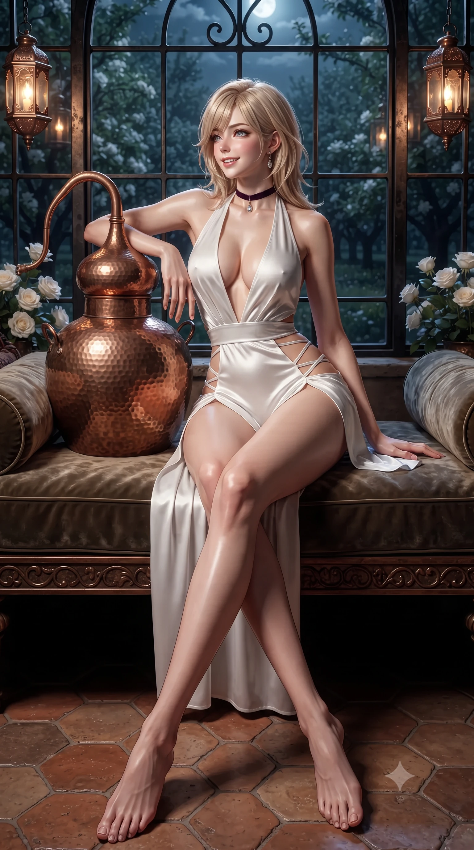 score_9, masterpiece, best quality, ultra-detailed, high-budget anime keyframe, editorial fashion photography, tasteful artistic composition, Japanese woman. low angle full-body shot from head to toe showing her feet, filling the entire 9:16 vertical frame with her statuesque presence, stretching her vertical silhouette. lounging on the lavish daybed with legs crossed and hips angled toward the camera, displaying her toned midriff and long slender limbs with effortless siren poise while leaning against the antique hammered copper cider alembic with hips cocked back, looking into moonlit orchard rows with heavy-lidded bedroom-eyes. The surrounding environment is rendered in vivid detail and crisp panoramic clarity: sharp hand-forged iron orangery window frames, antique terracotta hexagonal pavers, and velvety white flower petals in deep focus. She has an exceptionally tall and slender model-like 8.5-heads proportion, an ultra-slim waist, a flat toned midriff, narrow delicate ribcage, and beautifully sculpted feminine hips creating a graceful, slim hourglass silhouette without any bulky heaviness, with impossibly long slender legs. sharp v-shaped jawline, high-bridge nose, intricate jewel-like sparkling eyes with depth, thick eyelashes, glossy parted lips with a natural peach sheen, bright cheerful beaming smile with an enchanting and coquettish sensual glint, exuding both youthful cute charm and seductive allure, flawlessly proportioned anatomical accuracy, strict slender model proportions, natural body alignment, perfectly sculpted long slender limbs, ultra-slim waistline, clean dynamic posture without body distortion. wearing a daring low-cut halterneck romper with exposed midriff and strappy hip cutouts in pure translucent crystal white and liquid platinum, crafted from bespoke double-faced cashmere with an exceptionally soft tactile finish, finished with a thin velvet ribbon choker and a single teardrop diamond pendant, the high-slit wrap tailoring accentuating her ultra-slim waistline and the enchanting curve of her feminine hips with alluring seductive charm. bathed in the warm 2500K glow of hanging copper lantern sconces combined with silver moonlight through glass. ultra-reflective glossy finish, specular highlights, rich textural contrasts, high-contrast stereoscopic depth, volumetric dynamic lighting, 2k, ultra detail, master piece, 9:16 ratio