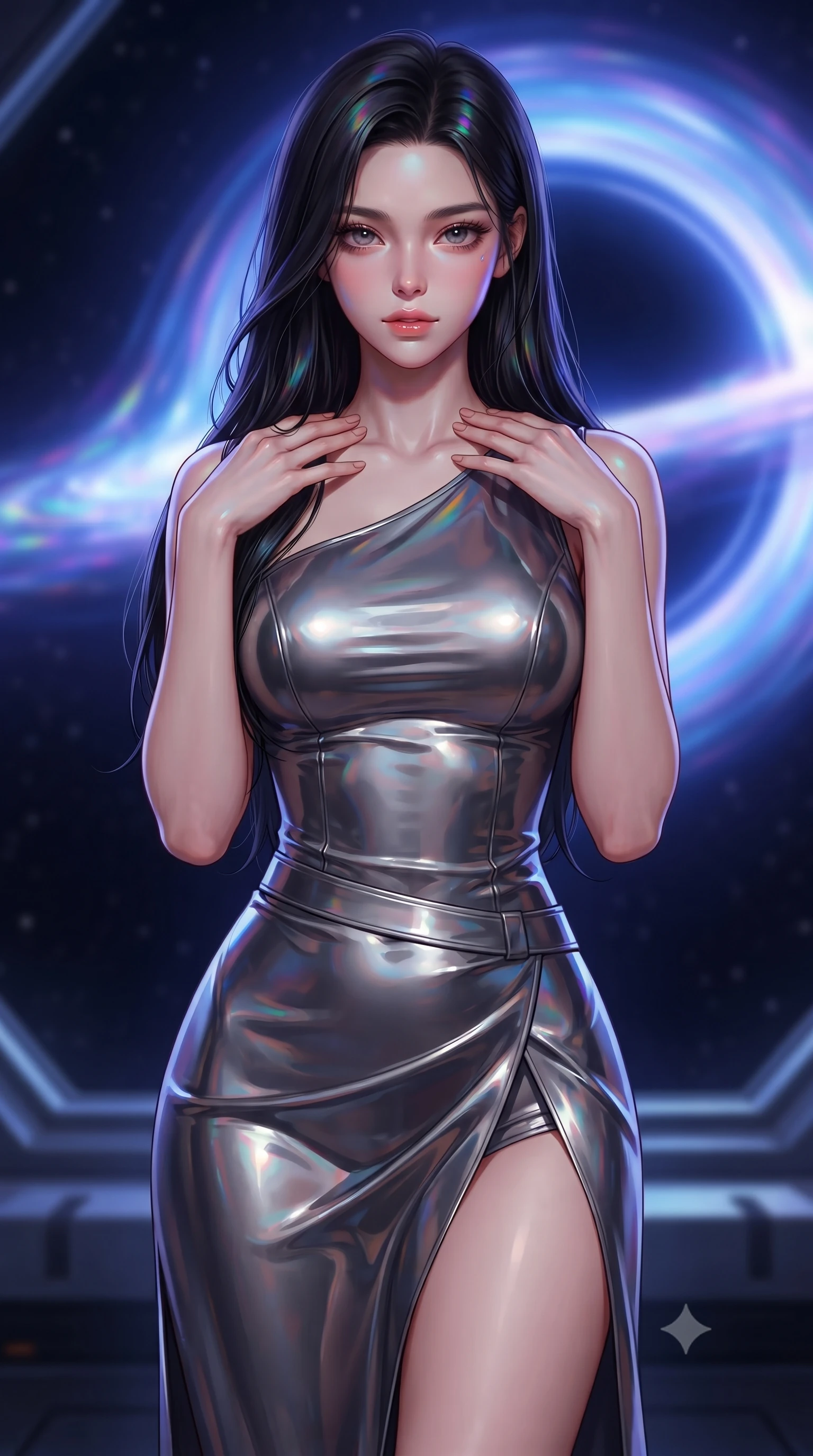 score_9, masterpiece, best quality, ultra-detailed, high-budget anime keyframe, editorial fashion photography, tasteful artistic composition, Korean woman. close-up cowboy shot from the waist and thighs up, the character dominates the composition, filling the frame with her large presence, background elements kept in soft focus. standing in a relaxed, elegant posture with both hands resting lightly on her collarbone, looking at the viewer with bedroom-eyes, the background shows a soft-focus a citadel cockpit window view facing a black hole singularity in deep space. She has an exceptionally elegant, slender, and willowy female figure with an ultra-slim waist, a gracefully sculpted slender torso, and a refined silhouette. sharp v-shaped jawline, high-bridge nose, intricate jewel-like eyes with depth, thick eyelashes, glossy lips with a natural sheen. wearing a body-hugging asymmetric one-shoulder nanotech bodice paired with a daring high-slit tactical utility wrap skirt. intense blue and violet light ripples from the singularity casting reflections. ultra-reflective glossy finish, specular highlights, metallic sheen, high-contrast stereoscopic depth, volumetric dynamic lighting, 2k, ultra detail, master piece, 9:16 ratio