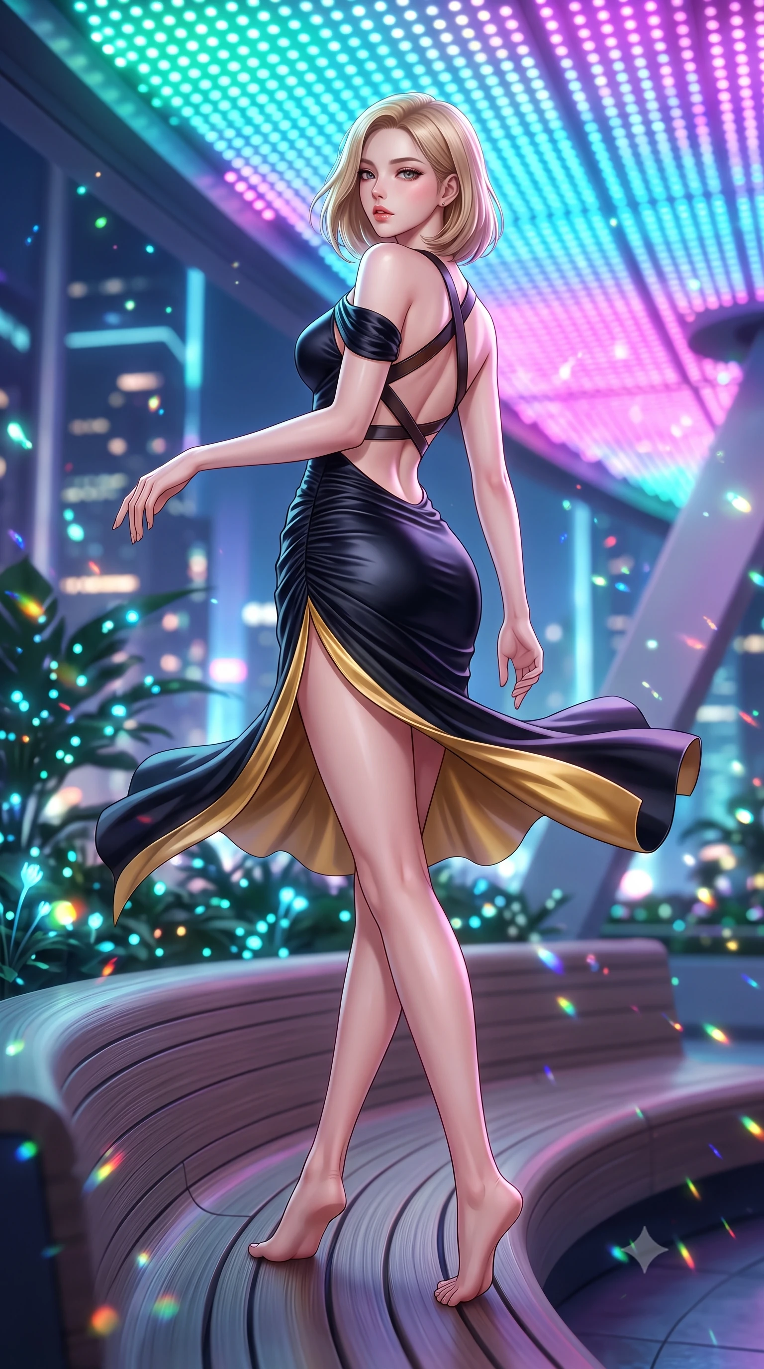 score_9, masterpiece, best quality, ultra-detailed, high-budget anime keyframe, semi-realistic 3D game render, editorial fashion photography, tasteful artistic composition, Korean woman. low angle full-body shot from head to toe showing her feet, filling the entire 9:16 vertical frame with her statuesque presence, stretching her vertical silhouette. executing an elegant mid-motion pivot turn as garments swirl around her slender limbs, glancing over her shoulder with an intoxicating bedroom-gaze while perching on the curved architectural skyway bench, long slender legs crossed and torso angled back to display her flat midriff and slender hourglass curves. The composition keeps background elements in soft focus with creamy bokeh. bioluminescent plant spores and city skyline reflections scattering vibrant chromatic light motes. She has an exceptionally tall and slender model-like 8.5-heads proportion, an ultra-slim waist, a flat toned midriff, narrow delicate ribcage, and beautifully sculpted feminine hips creating a graceful, slim hourglass silhouette without any bulky heaviness, with impossibly long slender legs. sharp v-shaped jawline, high-bridge nose, intricate jewel-like eyes with depth, thick eyelashes, glossy parted lips with a natural sheen, intensely captivating and seductive bedroom-eyes expression, flawlessly proportioned anatomical accuracy, strict slender model proportions, natural body alignment, perfectly sculpted long slender limbs, ultra-slim waistline, clean dynamic posture without body distortion. wearing a form-contouring cocktail dress with an asymmetrical open shoulder and hip-defining ruching in midnight obsidian black and liquid gold, tailored from ultra-smooth duchess satin with a pearlescent sheen, featuring an open-back criss-cross harness strap in dark leather, the second-skin form-contouring cut accentuating her sculpted flat midriff, narrow delicate ribcage, and gracefully curvy hips with supermodel precision. bathed in dynamic color-shifting LED canopy lights from above and ambient city skyline uplights. highly saturated vibrant anime colors, detailed shading with soft gradients, rich glossy textures, high-contrast stereoscopic depth, volumetric dynamic lighting, master piece, 9:16 ratio