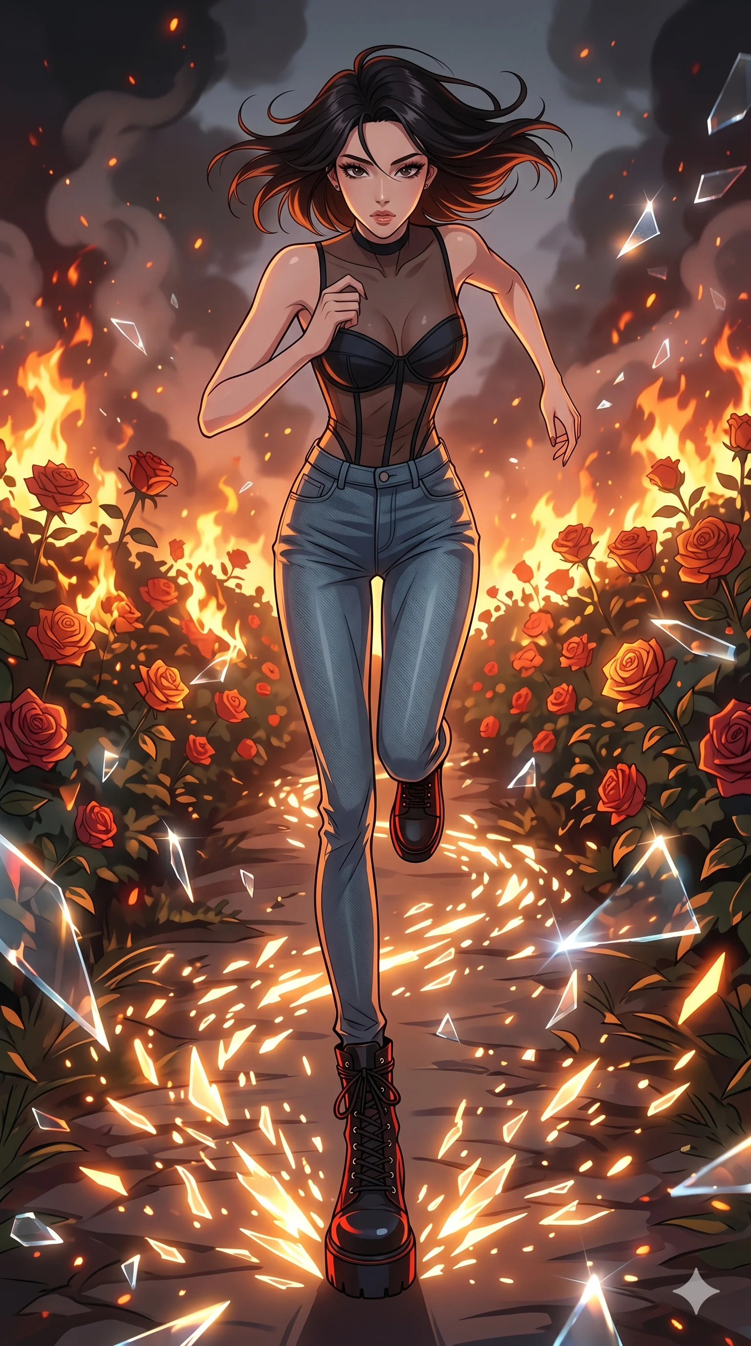 score_9, masterpiece, best quality, ultra-detailed, Set A: High-budget Anime Keyframe, Korean woman. Low angle cowboy shot filling the entire 9:16 frame with her statuesque presence. Sprinting through a burning rose garden, as the ground beneath her turns into 131 shards of light and surrounded by shattered glass fragments. She has an absolutely perfect 8-heads proportion, an exceptionally tall and slender female figure with impossibly long slender legs and an ultra-slim waist. Sharp v-shaped jawline, high-bridge nose, intricate jewel-like eyes with depth, thick eyelashes, glossy lips with a natural sheen. Wearing Sheer corset top with high-waist tech-denim and heavy platform combat boots. Cinematic lighting, vibrant colors, dramatic shadows, 2k, ultra detail, master piece, 9:16 ratio