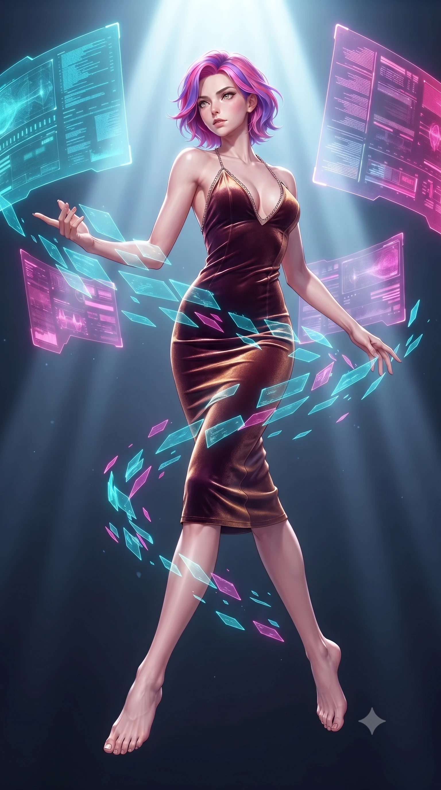 score_9, masterpiece, best quality, ultra-detailed, high-budget anime keyframe, editorial fashion photography, tasteful artistic composition, Caucasian woman. low angle full-body shot from head to toe showing her feet, filling the entire 9:16 vertical frame with her statuesque presence, stretching her vertical silhouette. leaping gracefully through the environment with statuesque elegance and long slender legs manipulating floating translucent cyan hologram data shards in a void, translucent cyan and magenta holographic panels hovering seamlessly. She has an absolutely perfect, statuesque 8.5-heads proportion, an exceptionally tall and slender model-like female figure with impossibly long slender legs and an ultra-slim waist. sharp v-shaped jawline, high-bridge nose, intricate jewel-like eyes with depth, thick eyelashes, glossy lips with a natural sheen. wearing a velvet halter-neck midi dress following her form like a glove in deep burgundy and bronze, made of premium stretch velvet with a rich sheen, adorned with delicate metallic chain straps along the neckline, the tailored fabric tightly following every curve of her athletic build. lit by bright volumetric laser beams and soft specular highlights. highly saturated vibrant anime colors, detailed shading with soft gradients, rich glossy textures, high-contrast stereoscopic depth, volumetric dynamic lighting, master piece, 9:16 ratio