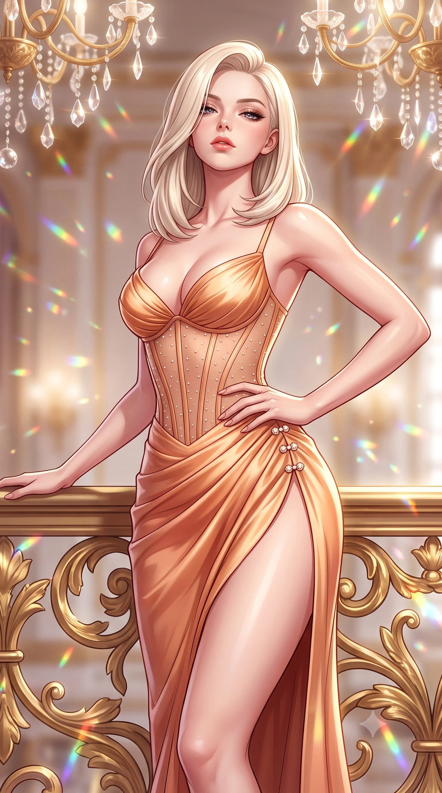 score_9, masterpiece, best quality, ultra-detailed, high-budget anime keyframe, semi-realistic 3D game render, editorial fashion photography, tasteful artistic composition, Caucasian woman. close-up cowboy shot from the waist and thighs up, the character dominates the composition, filling the frame with her large presence. tilting her chin up with proud, sovereign allure while gazing through thick eyelashes, one hand resting on her waist in pure supermodel charisma while leaning back against an ornate gold-leaf balustrade under crystal chandeliers, head tilted back with bedroom-eyes locking onto the viewer. The composition keeps background elements in soft focus with creamy bokeh. sparkling chandelier prism refractions scattering dancing rainbow light motes across the hall. She has an exceptionally elegant, slender, and willowy female figure with an ultra-slim waist, a gracefully sculpted slender torso, toned flat midriff, and rounded feminine hips creating an alluring hourglass silhouette. sharp v-shaped jawline, high-bridge nose, intricate jewel-like eyes with depth, thick eyelashes, glossy parted lips with a natural sheen, intensely captivating and seductive bedroom-eyes expression, flawlessly proportioned anatomical accuracy, strict slender model proportions, natural body alignment, perfectly sculpted long slender limbs, ultra-slim waistline, clean dynamic posture without body distortion. wearing an opulent rococo pastel silk corseted gown with a plunging sweetheart neckline and gathered high-slit skirt in warm apricot silk and liquid bronze, made of sheer contouring power-mesh with fine pearl flocking, finished with an ultra-high side slit secured by miniature rococo pearl clasps, the form-contouring material adhering flawlessly to her sculpted flat midriff and slender torso, emphasizing her long leg lines and perfectly proportioned willowy build. surrounded by an aristocratic, scandalous, and breathlessly mesmerizing imperial duchess aura. highly saturated vibrant anime colors, detailed shading with soft gradients, rich glossy textures, high-contrast stereoscopic depth, volumetric dynamic lighting, master piece, 9:16 ratio