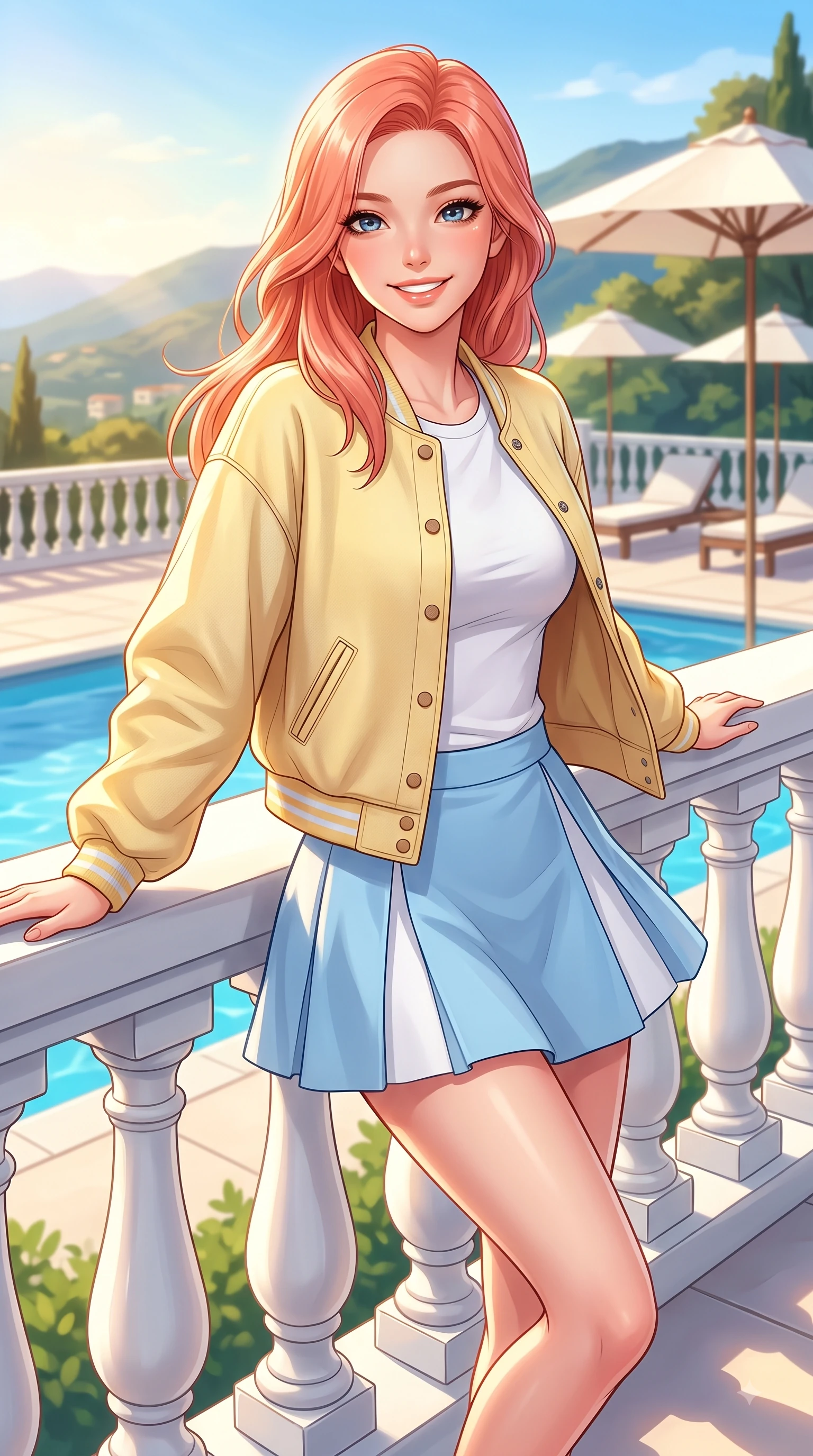 score_9, masterpiece, best quality, ultra-detailed, high-budget anime keyframe, editorial fashion photography, tasteful artistic composition, Japanese woman. close-up cowboy shot from the waist and thighs up, the character dominates the composition, filling the frame with her large presence. Gazing directly into the camera with a fresh, infectious smile as her torso curves dynamically in mid-stride while leaning elegantly against a white poolside balustrade as golden afternoon sunbeams highlight her figure. The surrounding environment is rendered in vivid detail and crisp panoramic clarity. scenic hill panoramas and poolside umbrella lounges rendered with rich environmental clarity. She has an exceptionally elegant, slender, and willowy female figure with an ultra-slim waist, a gracefully sculpted slender torso, and a refined silhouette. sharp v-shaped jawline, high-bridge nose, intricate jewel-like eyes with depth, thick eyelashes, glossy lips with a natural sheen, flawlessly proportioned anatomical accuracy, natural body alignment, perfectly sculpted elegant limbs, clean dynamic posture without body distortion. wearing a chic urban pastel yellow varsity jacket, fitted white tee, and tennis skirt in baby blue and cloud white, made of comfortable premium stretch denim and soft jersey, finished with neat front wooden buttons and pocket details, the soft airy drape swaying gracefully with her dynamic movements. surrounded by an exclusive, sun-drenched, and relaxing resort atmosphere. highly saturated vibrant anime colors, detailed shading with soft gradients, rich glossy textures, high-contrast stereoscopic depth, volumetric dynamic lighting, master piece, 9:16 ratio