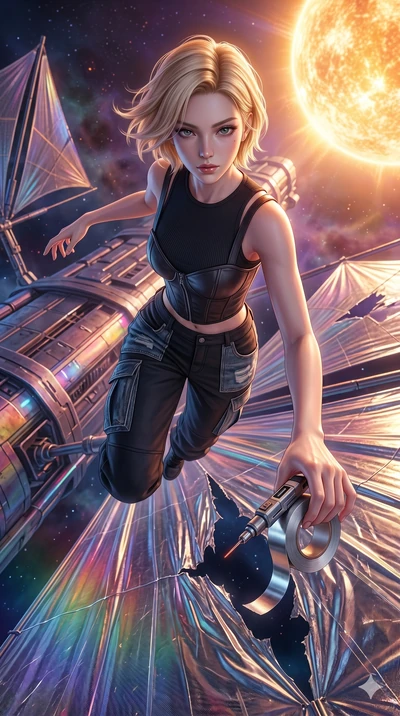 score_9, masterpiece, best quality, ultra-detailed, photorealistic 8k CG, hyper-detailed textures, ray-tracing, Japanese woman. Extreme high angle shot as she leaps towards the camera, filling the frame. reparing a damaged solar sail on a ship headin