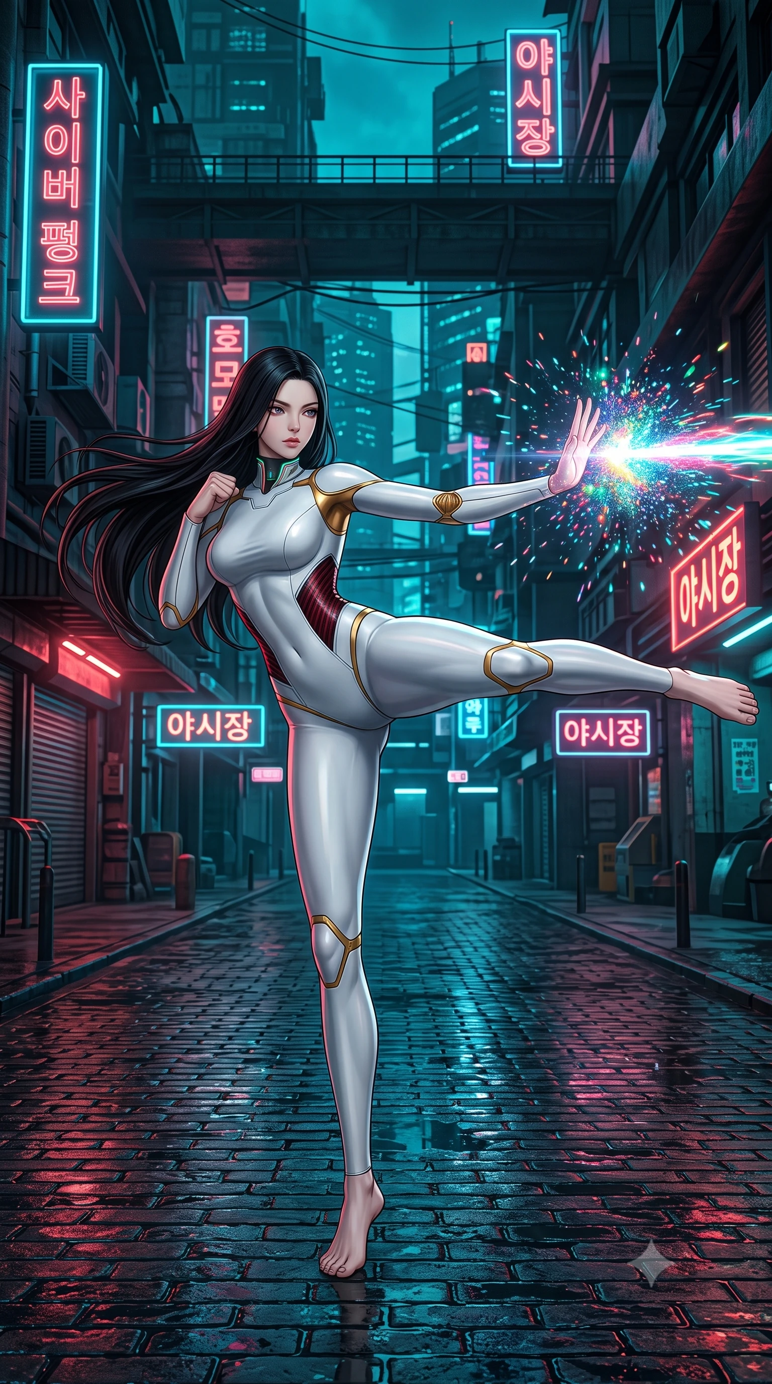score_9, masterpiece, best quality, ultra-detailed, high-budget anime keyframe, semi-realistic 3D game render, editorial fashion photography, tasteful artistic composition, Korean woman. low angle full-body shot from head to toe showing her feet, filling the entire 9:16 vertical frame with her statuesque presence, stretching her vertical silhouette. pivoting dynamically in a high-speed low sweep kick along the reflective floor, her athletic torso and ultra-slim waist twisting in a fluid arc of power while pivoting dynamically on wet cobblestones as her defensive palm parry disperses an incoming neon energy blast. The surrounding environment is rendered in vivid detail and crisp panoramic clarity. high-contrast noir chiaroscuro and atmospheric cyberpunk urban textures captured with precision. She has an absolutely perfect, statuesque 8.5-heads proportion, an exceptionally tall and slender model-like female figure with impossibly long slender legs, a toned flat midriff, and an ultra-slim waist. sharp v-shaped jawline, high-bridge nose, intricate jewel-like eyes with depth, thick eyelashes, glossy lips with a natural sheen, flawlessly proportioned anatomical accuracy, strict slender model proportions, natural body alignment, perfectly sculpted long slender limbs, ultra-slim waistline, clean dynamic posture without body distortion. wearing a form-contouring arctic white carbon-composite martial arts leotard with solar gold articulation joints and diagonal midriff vents in deep crimson carbon weave with specular dark chrome accents, made of liquid carbon-jersey fabric adhering flawlessly to her sculpted silhouette, featuring a sleek aerodynamic collar framed by subtle glowing cybernetic status LEDs, the sleek second-skin cut tightly hugging her graceful clavicle, narrow waist, and feminine curves with athletic precision. bathed in vivid high-contrast neon crimson and deep cyan ambient rim lighting. rich saturated anime colors with glowing neon highlights, detailed shading with soft gradients, rich glossy textures, high-contrast stereoscopic depth, volumetric dynamic lighting, master piece, 9:16 ratio