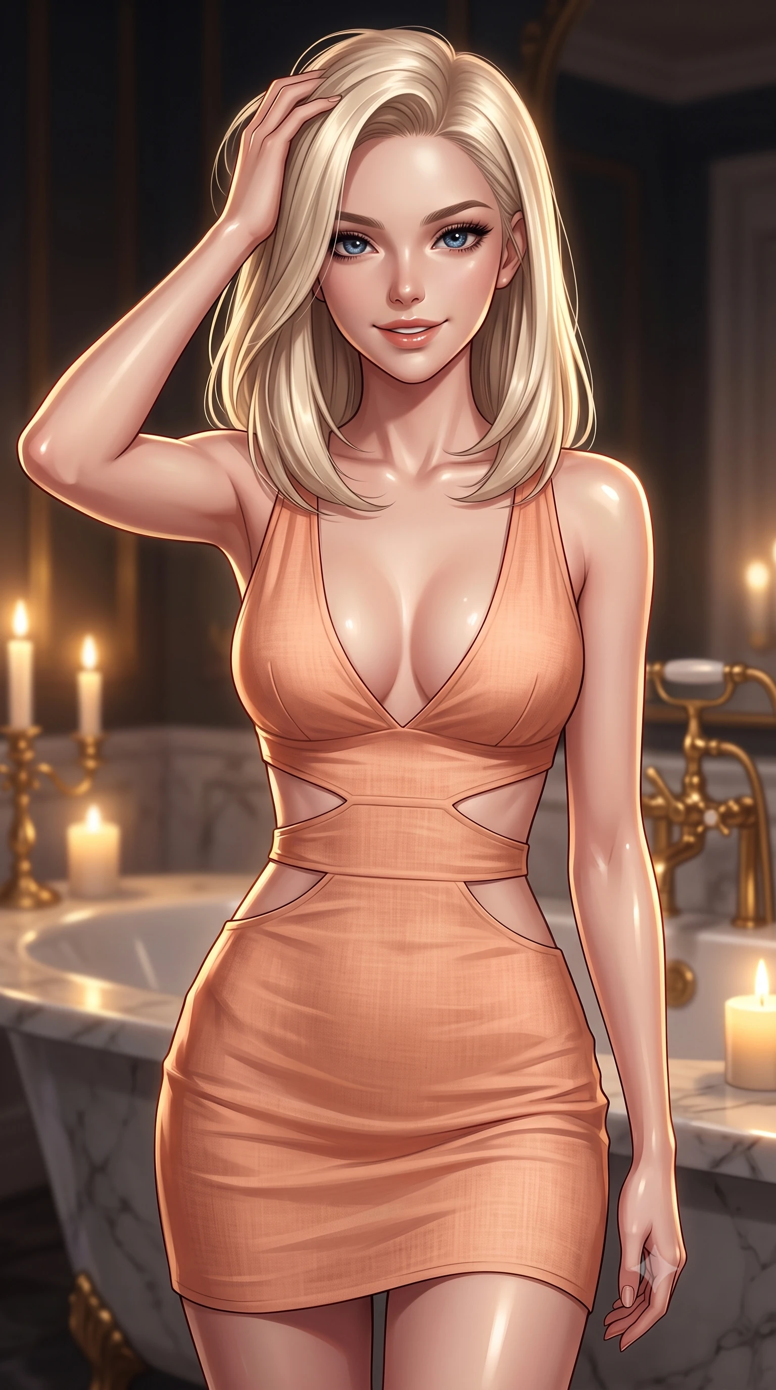 score_9, masterpiece, best quality, ultra-detailed, high-budget anime keyframe, editorial fashion photography, tasteful artistic composition, Caucasian woman. close-up cowboy shot from the waist and thighs up, the character dominates the composition, filling the frame with her large presence, background elements kept in soft focus. smiling with quiet, magnetic self-assurance directly into the camera, running a hand through her hair the background shows a soft-focus a high-end sleeper room with a marble bath vanity and gold plumbing fixtures. She has an exceptionally elegant, slender, and willowy female figure with an ultra-slim waist, a gracefully sculpted slender torso, and a refined silhouette. sharp v-shaped jawline, high-bridge nose, intricate jewel-like eyes with depth, thick eyelashes, glossy lips with a natural sheen. wearing a body-hugging summer sundress with double waist cutouts and a plunging neckline in peach linen. soft candlelight reflecting off the marble and gold surfaces. ultra-reflective glossy finish, specular highlights, metallic sheen, high-contrast stereoscopic depth, volumetric dynamic lighting, 2k, ultra detail, master piece, 9:16 ratio