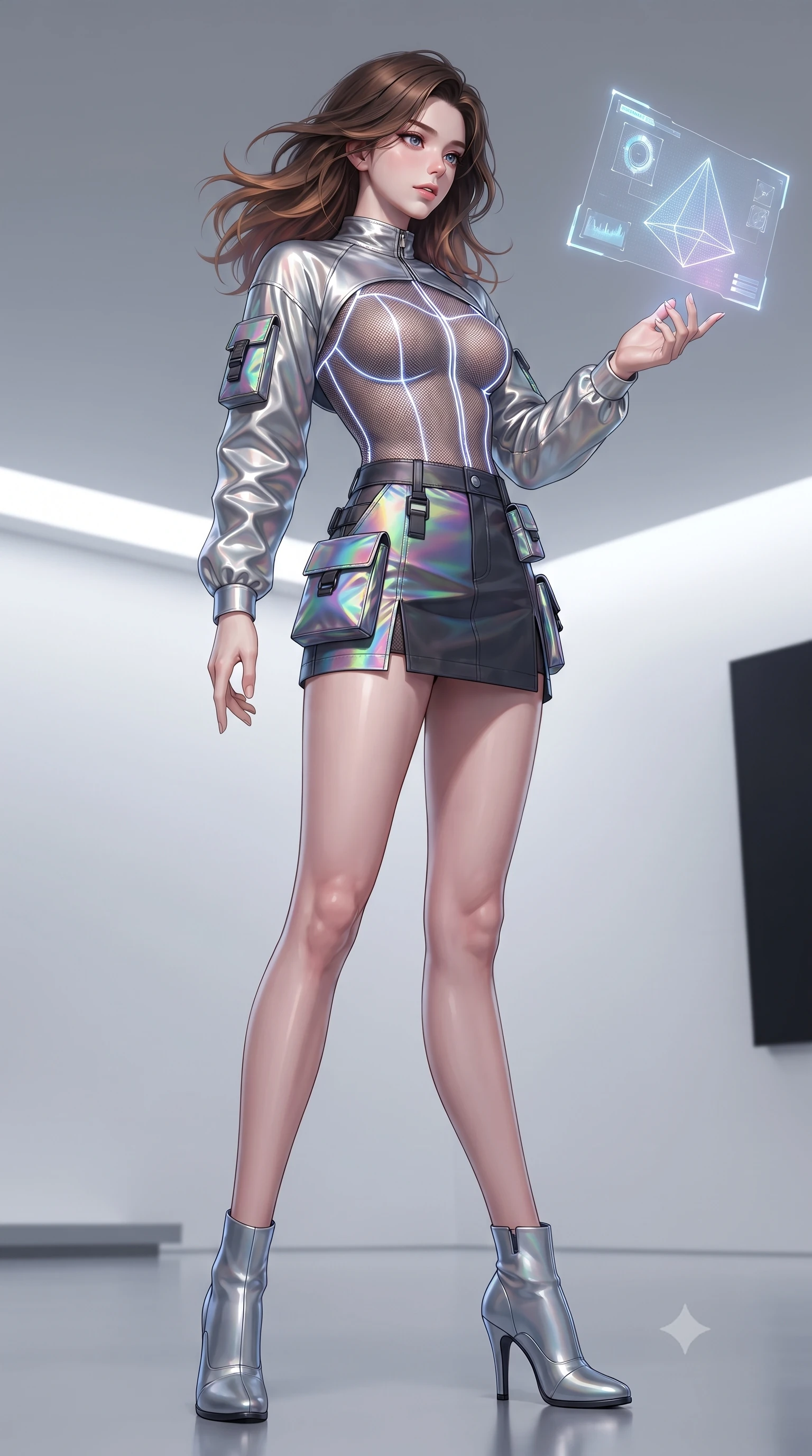 score_9, masterpiece, best quality, ultra-detailed, high-budget anime keyframe, editorial fashion photography, tasteful artistic composition, Korean woman. low angle full-body shot from head to toe showing her feet, filling the entire 9:16 vertical frame with her statuesque presence, stretching her vertical silhouette. pivoting dynamically with supreme athletic balance and poise, her impossibly long slender legs creating a breathtaking line while reaching out one manicured hand to interact with a floating holographic geometry display with an intrigued expression. The surrounding environment is rendered in vivid detail and crisp panoramic clarity. ultra-modern minimalist gallery chiaroscuro and precision-engineered light art aesthetics in sharp focus. She has an absolutely perfect, statuesque 8.5-heads proportion, an exceptionally tall and slender model-like female figure with impossibly long slender legs, a toned flat midriff, and an ultra-slim waist. sharp v-shaped jawline, high-bridge nose, intricate jewel-like eyes with depth, thick eyelashes, glossy lips with a natural sheen, captivating and magnetic expression, flawlessly proportioned anatomical accuracy, strict slender model proportions, natural body alignment, perfectly sculpted long slender limbs, ultra-slim waistline, clean dynamic posture without body distortion. wearing a futuristic sheer mesh bodysuit layered under a metallic silver shrug bolero and micro cargo skirt in iridescent rainbow prism and deep charcoal, crafted from high-gloss metallic ripstop nylon and flexible carbon mesh, finished with glowing fiber-optic seam piping and miniature utility pouches, the liquid-tight tailored fabric emphasizing every curve of her tall, slender model proportions and sculptured silhouette during dynamic movement. illuminated by clean geometric specular highlights tracing her sculpted torso and legs. ultra-reflective glossy finish, specular highlights, rich textural contrasts, high-contrast stereoscopic depth, volumetric dynamic lighting, 2k, ultra detail, master piece, 9:16 ratio