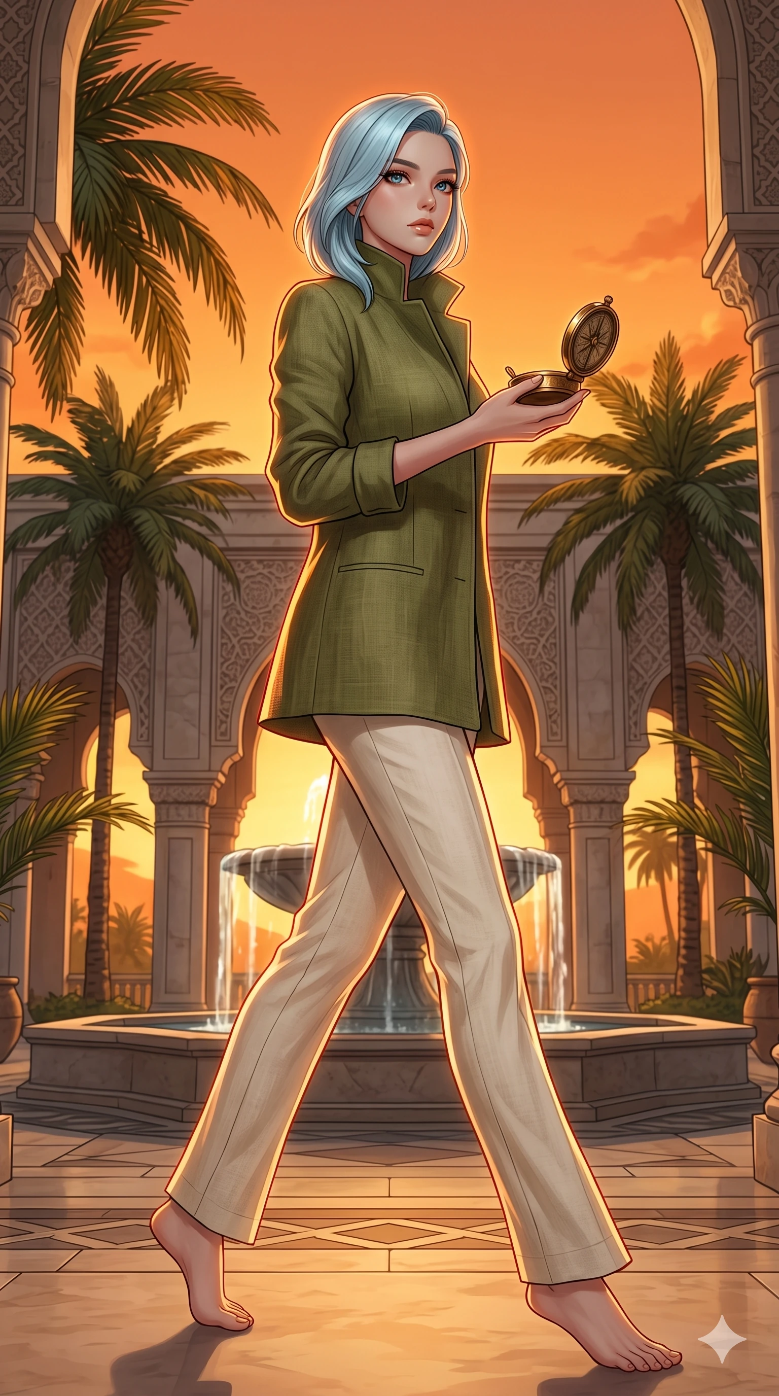 score_9, masterpiece, best quality, ultra-detailed, high-budget anime keyframe, editorial fashion photography, tasteful artistic composition, Korean woman. low angle full-body shot from head to toe showing her feet, filling the entire 9:16 vertical frame with her statuesque presence, stretching her vertical silhouette. holding a vintage compass, looking past the camera with a thoughtful, focused expression inside an open-air resort lobby with palm trees and a large fountain (Code-P19-038). She has an absolutely perfect 8-heads proportion, an exceptionally tall and slender female figure with impossibly long slender legs and an ultra-slim waist. V-shaped jawline, high-bridge nose, intricate jewel-like eyes with depth, thick eyelashes, glossy lips with a natural sheen. wearing a high-collar summer coat in olive green linen paired with cream trousers. intense orange sunset rim lights, outlining her 8-heads proportion and slim waist. 2k, ultra detail, master piece, 9:16 ratio