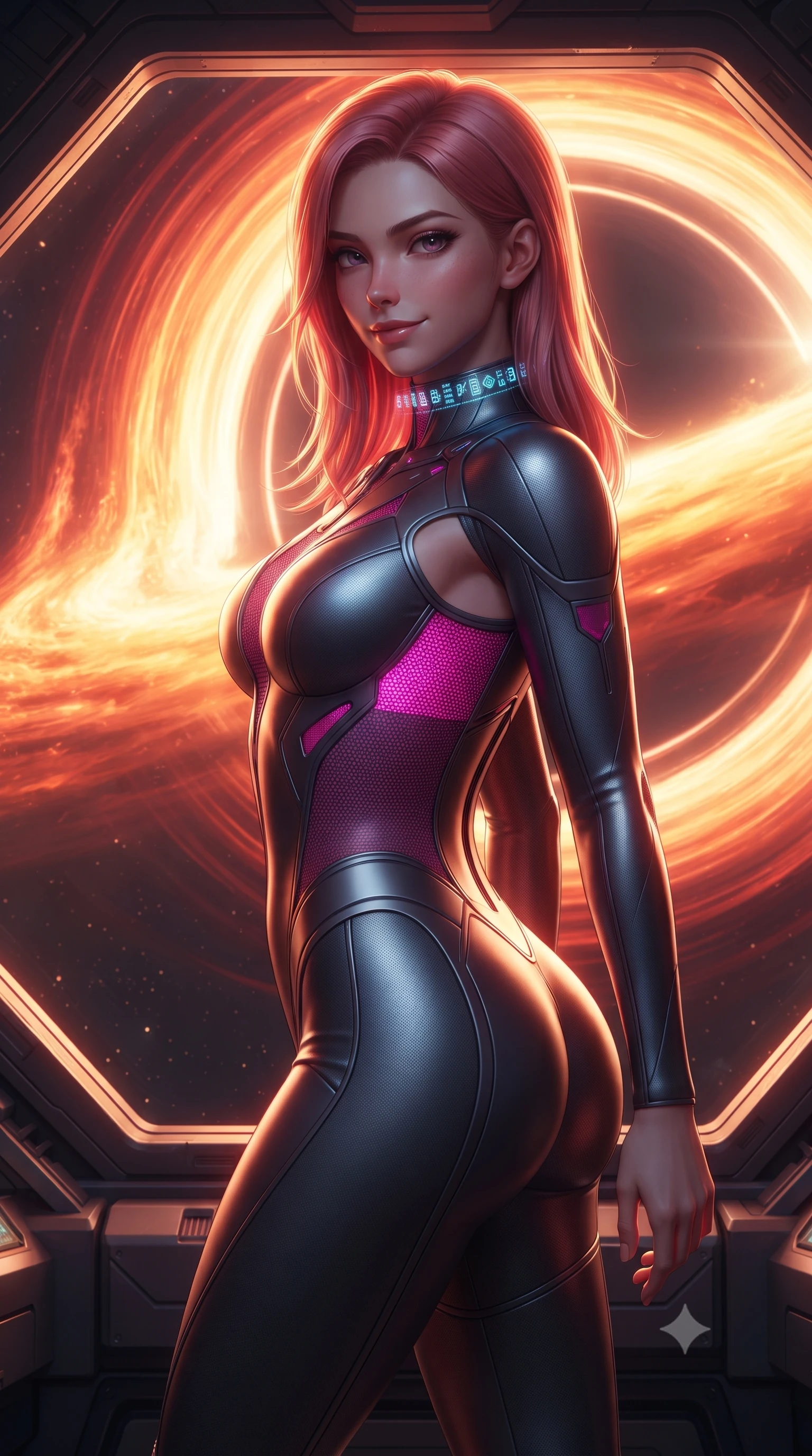score_9, masterpiece, best quality, ultra-detailed, high-budget anime keyframe, editorial fashion photography, tasteful artistic composition, Japanese woman. close-up cowboy shot from the waist and thighs up, the character dominates the composition, filling the frame with her large presence. turning slowly with a smoldering smile, her sleek hair catching the cockpit HUD rim light as her hips angle gracefully in a captivating contrapposto while standing poised at the edge of the reinforced observation window, arching her back as the colossal fiery accretion disk of the black hole swirls. The surrounding environment is rendered in vivid detail and crisp panoramic clarity: sharp gravity-shield emitter rings, quartz window bevel clarity, and titanium structural truss texture in deep focus. She has an exceptionally elegant, slender, and willowy female figure with an ultra-slim waist, flat toned midriff, narrow ribcage, and sculpted feminine hips creating an alluring, slim hourglass silhouette without bulk. sharp v-shaped jawline, high-bridge nose, intricate jewel-like sparkling eyes with depth, thick eyelashes, glossy parted lips with a natural sheen, bright confident smile with an enchanting and coquettish sensual glint, exuding both youthful magnetic charm and sovereign high-tech allure, flawlessly proportioned anatomical accuracy, strict slender model proportions, natural body alignment, perfectly sculpted long slender limbs, ultra-slim waistline, clean dynamic posture without body distortion. wearing a futuristic cut-out nano-suit with diamond-shaped side-torso mesh insets tracing her slim hourglass curves in deep titanium gunmetal and radiant magenta neon, crafted from lightweight aerodynamic matte carbon-fiber weave with structural stiffness, complemented by a high-tech holographic choker projecting miniature glyphs, the form-fitting tactical tailoring adhering flawlessly to her sculpted flat midriff and slender torso, emphasizing her long leg lines and perfectly proportioned willowy build. bathed in intense, blazing golden and crimson relativistic light streaming from the accretion disk. ultra-reflective glossy finish, specular highlights, rich textural contrasts, high-contrast stereoscopic depth, volumetric dynamic lighting, 2k, ultra detail, master piece, 9:16 ratio