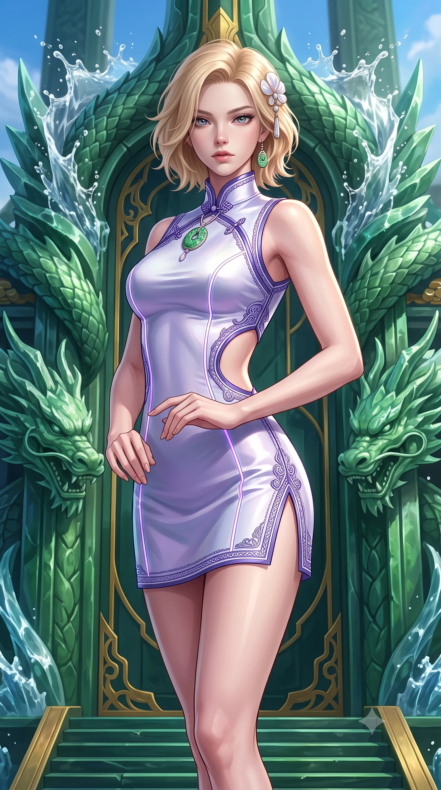score_9, masterpiece, best quality, ultra-detailed, high-budget anime keyframe, semi-realistic 3D game render, editorial fashion photography, tasteful artistic composition, Caucasian woman. close-up cowboy shot from the waist and thighs up, the character dominates the composition, filling the frame with her large presence. holding her hands loosely in front with regal, aristocratic poise, radiating an overwhelming high-society aura while arching her spine in a fluid martial arts greeting stance before the colossal biomechanical jade palace gates. The surrounding environment is rendered in vivid detail and crisp panoramic clarity. sharp carved jade dragon scale textures, crystalline water splash crests, and gold palace inlay in deep focus. She has an exceptionally elegant, slender, and willowy female figure with an ultra-slim waist, a gracefully sculpted slender torso, toned flat midriff, and a refined slim silhouette. sharp v-shaped jawline, high-bridge nose, intricate jewel-like eyes with depth, thick eyelashes, glossy lips with a natural sheen, captivating and magnetic expression, flawlessly proportioned anatomical accuracy, strict slender model proportions, natural body alignment, perfectly sculpted long slender limbs, ultra-slim waistline, clean dynamic posture without body distortion. wearing a futuristic embroidered qipao mini dress with glowing fiber-optic seams and side cutouts in celestial opal white and stardust violet, tailored from traditional lustrous satin with delicate hand-stitched borders, accented with mother-of-pearl hair ornaments and a carved jade pendant, the liquid-tight tailored fabric emphasizing every curve of her tall, slender model proportions and sculptured silhouette during dynamic movement. surrounded by a royal, mythical, and deeply revered dragon palace guardian princess aura. highly saturated vibrant anime colors, detailed shading with soft gradients, rich glossy textures, high-contrast stereoscopic depth, volumetric dynamic lighting, master piece, 9:16 ratio