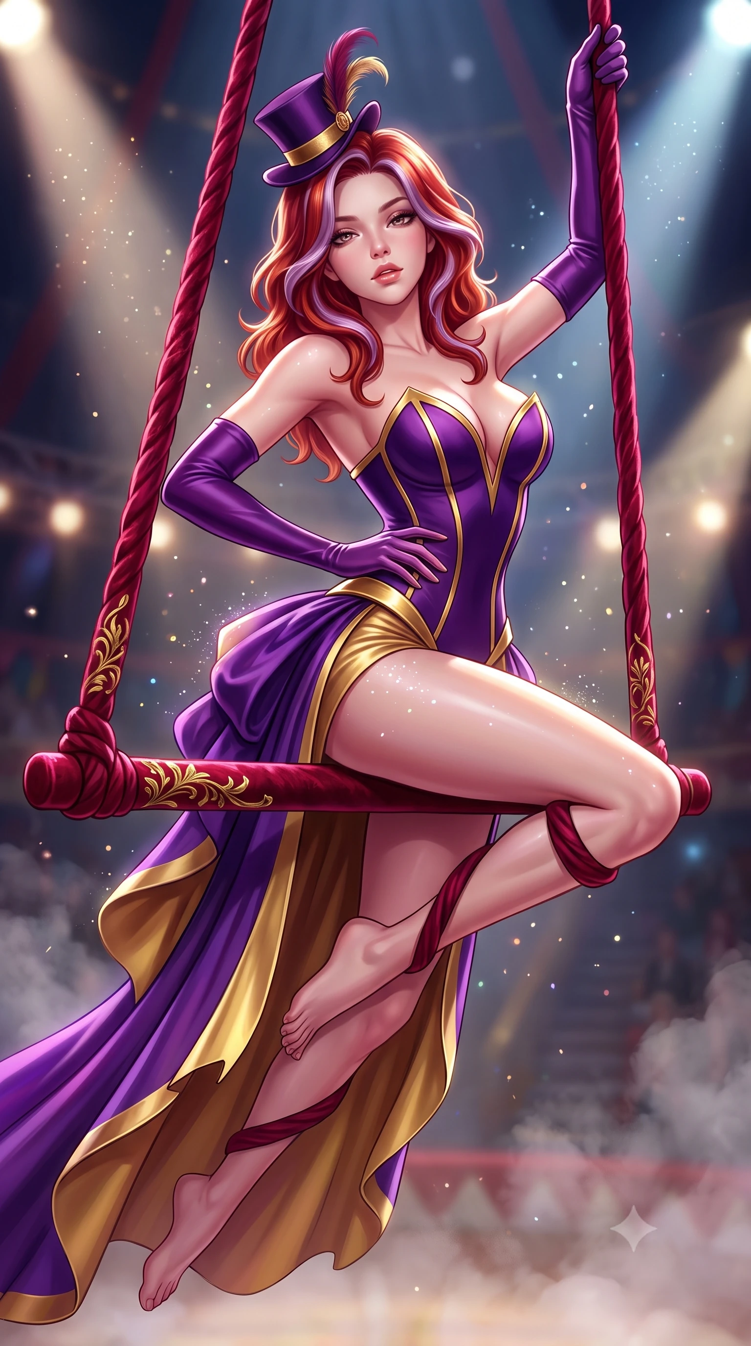 score_9, masterpiece, best quality, ultra-detailed, high-budget anime keyframe, semi-realistic 3D game render, editorial fashion photography, tasteful artistic composition, Caucasian woman. close-up cowboy shot from the waist and thighs up, the character dominates the composition, filling the frame with her large presence. resting one manicured hand delicately on her hip bone, her upper body turning in a fluid, seductive S-curve while parted lips glisten in the light while hanging suspended from an aerial velvet trapeze bar, arching her spine in a breathtaking dancer line with one leg extended as spotlights trace her curvy hips. The composition keeps background elements in soft focus with creamy bokeh. drifting stage haze and floating glitter particles catching spotlight rays across the arena. She has an exceptionally elegant, slender, and willowy female figure with an ultra-slim waist, a gracefully sculpted slender torso, toned flat midriff, and rounded feminine hips creating an alluring hourglass silhouette. sharp v-shaped jawline, high-bridge nose, intricate jewel-like eyes with depth, thick eyelashes, glossy parted lips with a natural sheen, intensely captivating and seductive bedroom-eyes expression, flawlessly proportioned anatomical accuracy, strict slender model proportions, natural body alignment, perfectly sculpted long slender limbs, ultra-slim waistline, clean dynamic posture without body distortion. wearing a deep sweetheart neckline circus bustier paired with a gathered chiffon high-slit bustle skirt in imperial royal purple and polished gold leaf, made of flexible compression spandex sculpting her athletic hourglass lines, accessorized with opera-length satin gloves and a miniature top-hat fascinator, the liquid-tight tailored fabric clinging flawlessly to her narrow waist and rounded feminine hips, emphasizing every millimeter of her sculpted hourglass curves during movement. surrounded by an eccentric, spellbinding, and dangerously seductive circus queen aura. highly saturated vibrant anime colors, detailed shading with soft gradients, rich glossy textures, high-contrast stereoscopic depth, volumetric dynamic lighting, master piece, 9:16 ratio