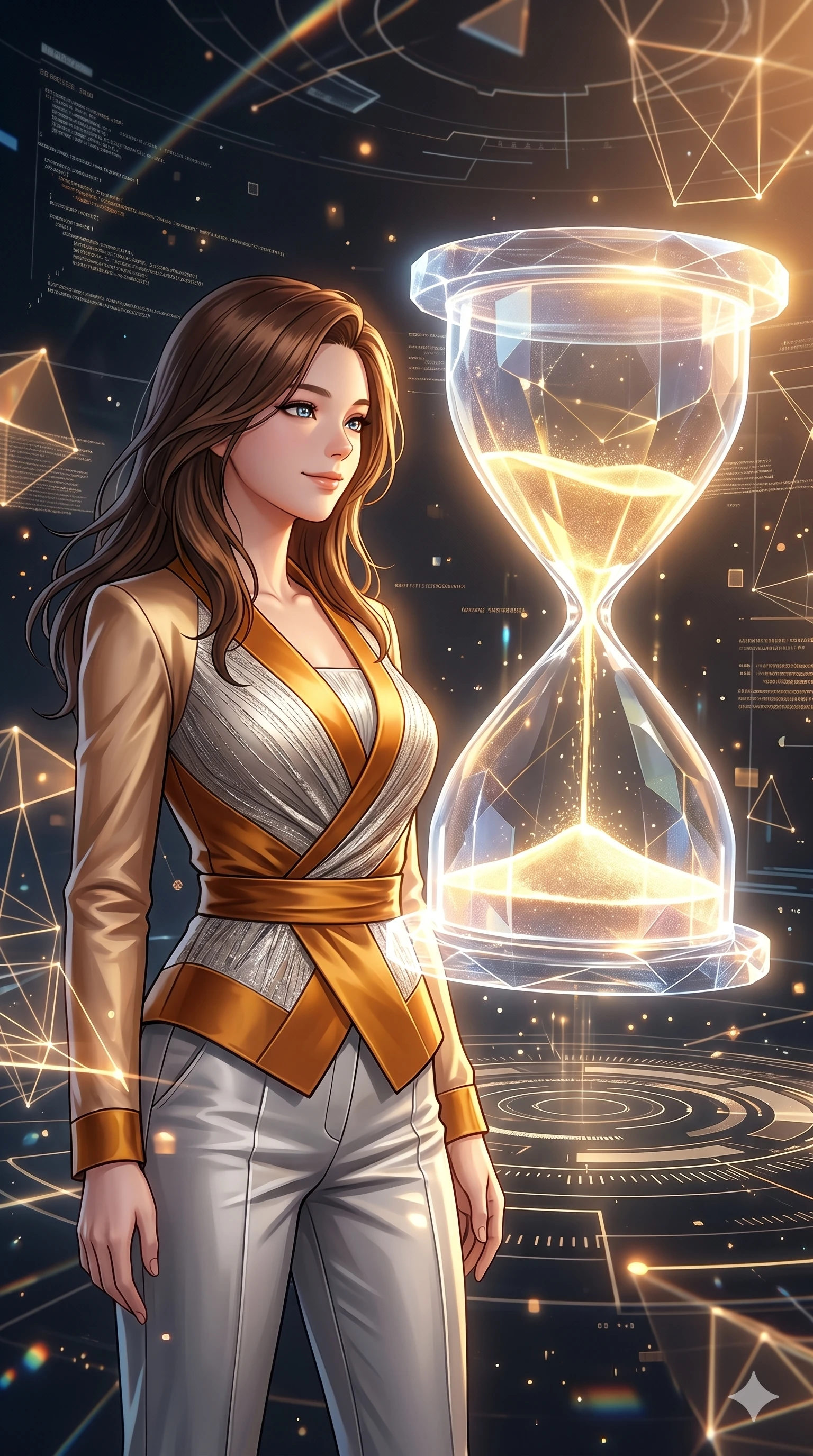 score_9, masterpiece, best quality, ultra-detailed, high-budget anime keyframe, Korean woman. Upper body close-up from the thighs up, character filling the screen for maximum presence. Inside a digital void, next to a giant floating hourglass of light, watching the light sand fall with a reflective, serene smile. She is wearing a luxurious silk-like wrap top, structured bodice, and silver trousers. The scene is bathed in the warm golden glow of the hourglass and soft amber lights. 2k, ultra detail, master piece, 9:16 ratio