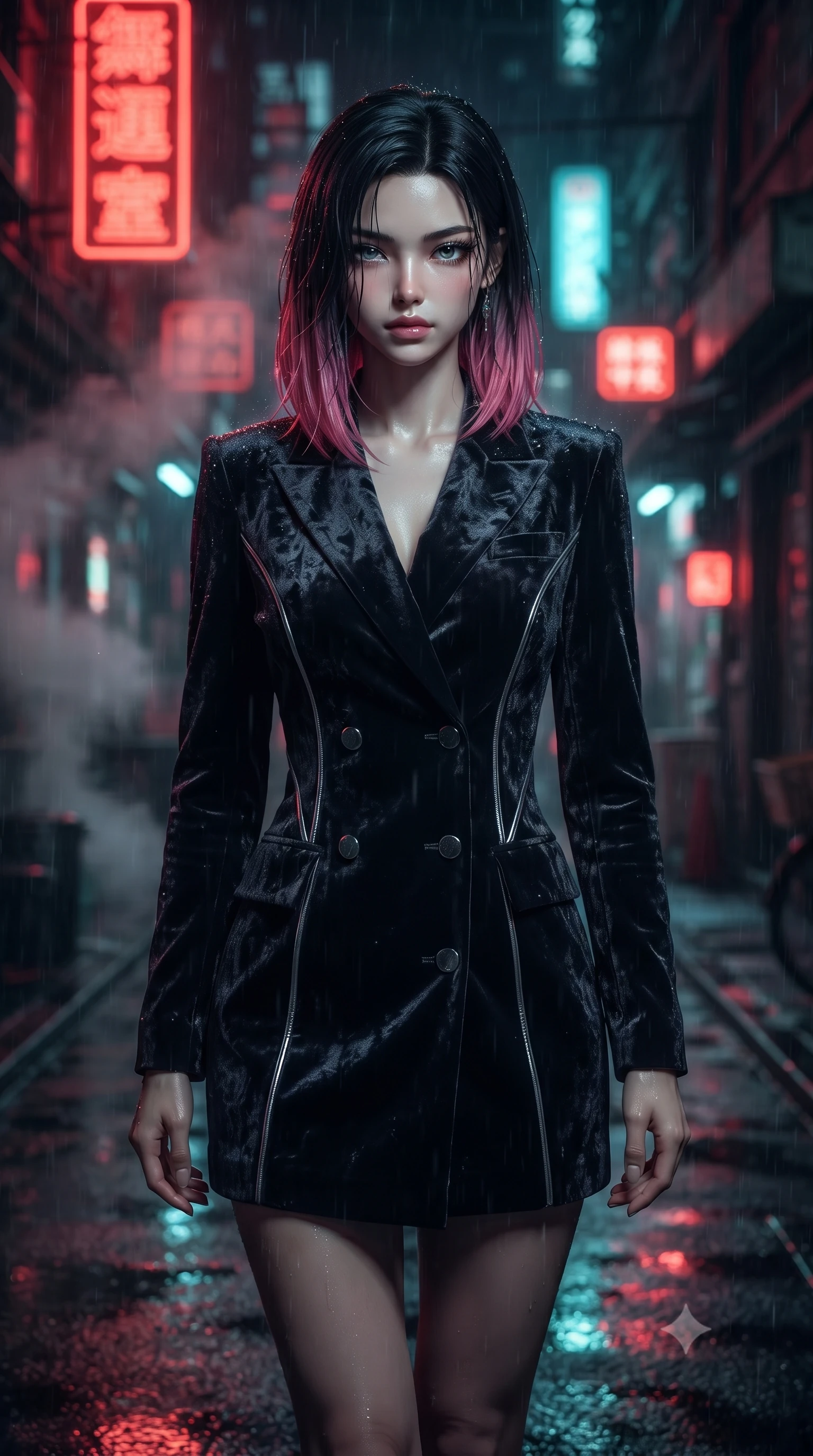 score_9, masterpiece, best quality, ultra-detailed, high-budget anime keyframe, editorial fashion photography, tasteful artistic composition, Korean woman. close-up cowboy shot from the waist and thighs up, the character dominates the composition, filling the frame with her large presence, background elements kept in soft focus. Casting a slow, direct gaze beneath heavy lashes with quiet intensity, navigating a dark narrow cyber-thoroughfare with glowing red neon Kanji signs, vibrant red and cyan neon reflections dancing on pitch-black wet asphalt. She has an exceptionally elegant, slender, and willowy female figure with an ultra-slim waist, a gracefully sculpted slender torso, and a refined silhouette. sharp v-shaped jawline, high-bridge nose, intricate jewel-like eyes with depth, thick eyelashes, glossy lips with a natural sheen. wearing tailored double-breasted obsidian blazer dress in pitch-black onyx, made of crushed dark silk velvet, finished with metallic silver boning and sleek zipper points, following her slender form with tailored precision. lit by sharp neon key light cutting through dense dark steam and rain. ultra-reflective glossy finish, specular highlights, metallic sheen, high-contrast stereoscopic depth, volumetric dynamic lighting, 2k, ultra detail, master piece, 9:16 ratio