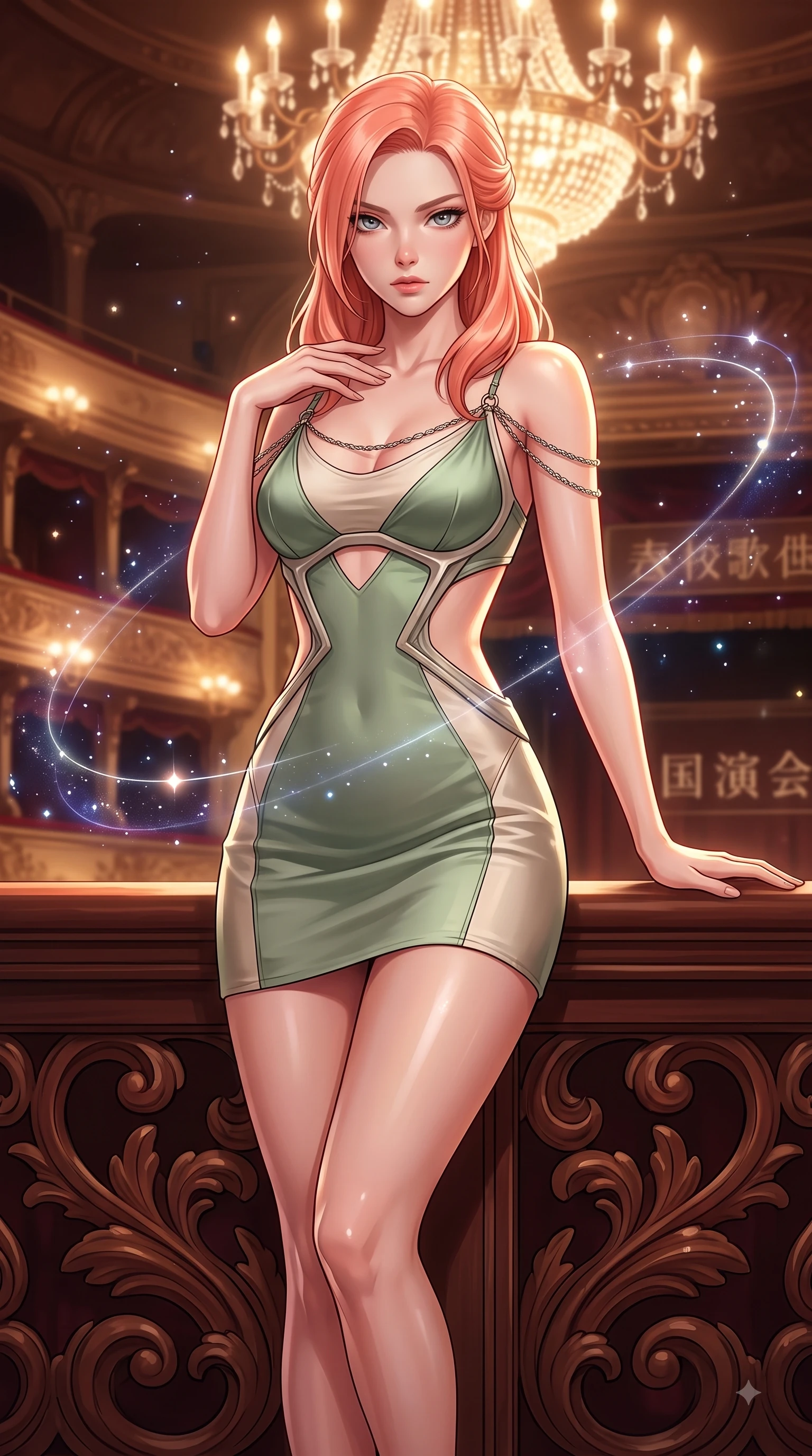 score_9, masterpiece, best quality, ultra-detailed, high-budget anime keyframe, editorial fashion photography, tasteful artistic composition, Japanese woman. close-up cowboy shot from the waist and thighs up, the character dominates the composition, filling the frame with her large presence, background elements kept in soft focus. Pivoting her torso in an alluring S-curve alignment, one hand gently tracing her collarbone with poise while leaning gracefully against a carved mahogany balustrade under a majestic chandelier glow, floating starlight dust drifting around her in dynamic orbital paths. She has an exceptionally elegant, slender, and willowy female figure with an ultra-slim waist, a gracefully sculpted slender torso, and a refined silhouette. sharp v-shaped jawline, high-bridge nose, intricate jewel-like eyes with depth, thick eyelashes, glossy lips with a natural sheen, flawlessly proportioned anatomical accuracy, natural body alignment, perfectly sculpted elegant limbs, clean dynamic posture without body distortion. wearing a dramatic open-waist cutout mini dress framed by sculptural hardware in sage green and oatmeal, crafted from smooth liquid silk, adorned with delicate metallic chain straps along the neckline, the glove-like fit emphasizing her statuesque silhouette during motion. surrounded by an opulent, dramatic opera box atmosphere with deep chiaroscuro. highly saturated vibrant anime colors, detailed shading with soft gradients, rich glossy textures, high-contrast stereoscopic depth, volumetric dynamic lighting, master piece, 9:16 ratio