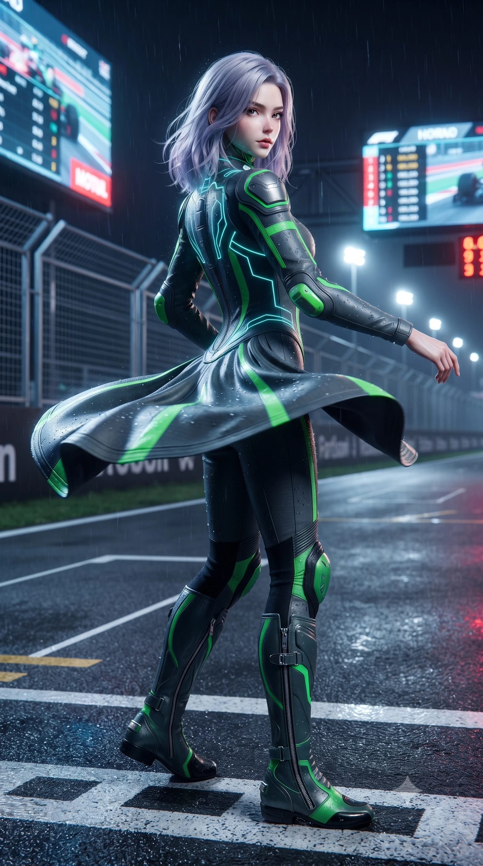 score_9, masterpiece, best quality, ultra-detailed, high-budget anime keyframe, editorial fashion photography, tasteful artistic composition, Caucasian woman. low angle full-body shot from head to toe showing her feet, filling the entire 9:16 vertical frame with her statuesque presence, stretching her vertical silhouette. executing an elegant mid-motion turn as garments swirl around her slender limbs, glancing over her shoulder with smoldering allure while posing boldly at the center of the illuminated starting grid as giant holographic jumbotrons flash behind her. The surrounding environment is rendered in vivid detail and crisp panoramic clarity. crisp starting grid painted lines, rain droplet beads on leather jacket, and circuit fencing in deep focus. She has an absolutely perfect, statuesque 8.5-heads proportion, an exceptionally tall and slender model-like female figure with impossibly long slender legs, a toned flat midriff, and an ultra-slim waist. sharp v-shaped jawline, high-bridge nose, intricate jewel-like eyes with depth, thick eyelashes, glossy parted lips with a natural sheen, intensely captivating and seductive expression, flawlessly proportioned anatomical accuracy, strict slender model proportions, natural body alignment, perfectly sculpted long slender limbs, ultra-slim waistline, clean dynamic posture without body distortion. wearing a second-skin motocore bodysuit with bold racing stripes and ergonomic aerodynamic knee-high boots in dark carbon grey and laser green accents, made of durable ripstop technical nylon with metallic zipper teeth, finished with glowing cyan circuit lines tracing her collarbones and shoulders, the liquid-tight tailored fabric emphasizing every curve of her tall, slender model proportions and sculptured silhouette. bathed in dynamic color-shifting LED race lights and sweeping white spotlight fill. ultra-reflective glossy finish, specular highlights, rich textural contrasts, high-contrast stereoscopic depth, volumetric dynamic lighting, 2k, ultra detail, master piece, 9:16 ratio