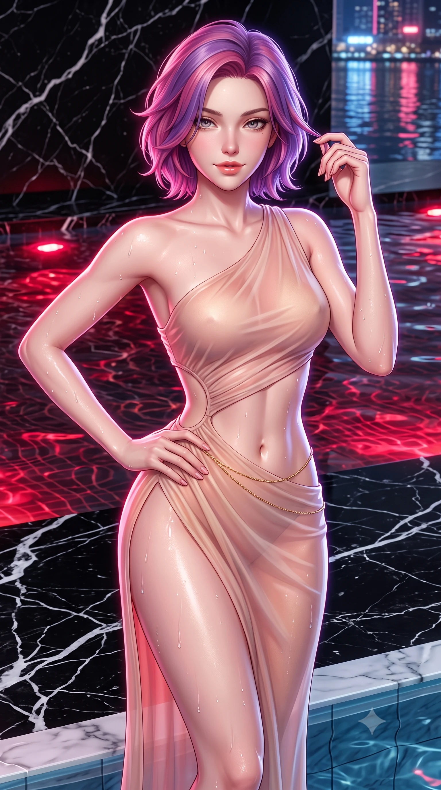 score_9, masterpiece, best quality, ultra-detailed, high-budget anime keyframe, semi-realistic 3D game render, editorial fashion photography, tasteful artistic composition, Caucasian woman. close-up cowboy shot from the waist and thighs up, the character dominates the composition, filling the frame with her large presence. twisting her slender torso in an alluring contrapposto stance, one hand resting on her sculpted hip while her fingers toy with her hair with effortless poise while twisting her slender torso in an alluring S-curve at the water's edge, glowing underwater crimson lamps and neon city reflections tracing her curves. The surrounding environment is rendered in vivid detail and crisp panoramic clarity: sharp white calcite veins in black Marquina marble, glistening water droplets on toned dewy skin, and clear pool coping edge in deep focus. She has an exceptionally elegant, slender, and willowy female figure with an ultra-slim waist, flat toned midriff, narrow ribcage, and sculpted feminine hips creating an alluring, slim hourglass silhouette without bulk. sharp v-shaped jawline, high-bridge nose, sparkling eyes with hypnotic seductive depth, thick curled eyelashes, glossy parted lips with a natural dewy peach sheen, alluring bedroom-eyes with an enchanting coquettish smile, exuding magnetic siren charisma and sophisticated glamour, flawlessly proportioned anatomical accuracy, strict slender model proportions, natural body alignment, perfectly sculpted long slender limbs, ultra-slim waistline, clean dynamic posture without body distortion. wearing an asymmetric one-shoulder liquid jersey gown with dramatic hip-high slit and sculptural waist cutout in dusky blush peach and champagne crystal, made of sheer gossamer chiffon that drapes softly against skin with airy translucence, accented with a dainty gold belly chain resting across her flat midriff and curving hips, the liquid-tight tailored fabric clinging flawlessly to her narrow waist and rounded feminine hips, emphasizing every millimeter of her sculpted slim hourglass curves without any bulky heaviness. illuminated by water ripple caustics and sharp platinum-magenta rim lights defining her delicate clavicles, ultra-slim waist, and curvy hips. highly saturated vibrant anime colors, detailed shading with soft gradients, rich glossy textures, high-contrast stereoscopic depth, volumetric dynamic lighting, master piece, 9:16 ratio