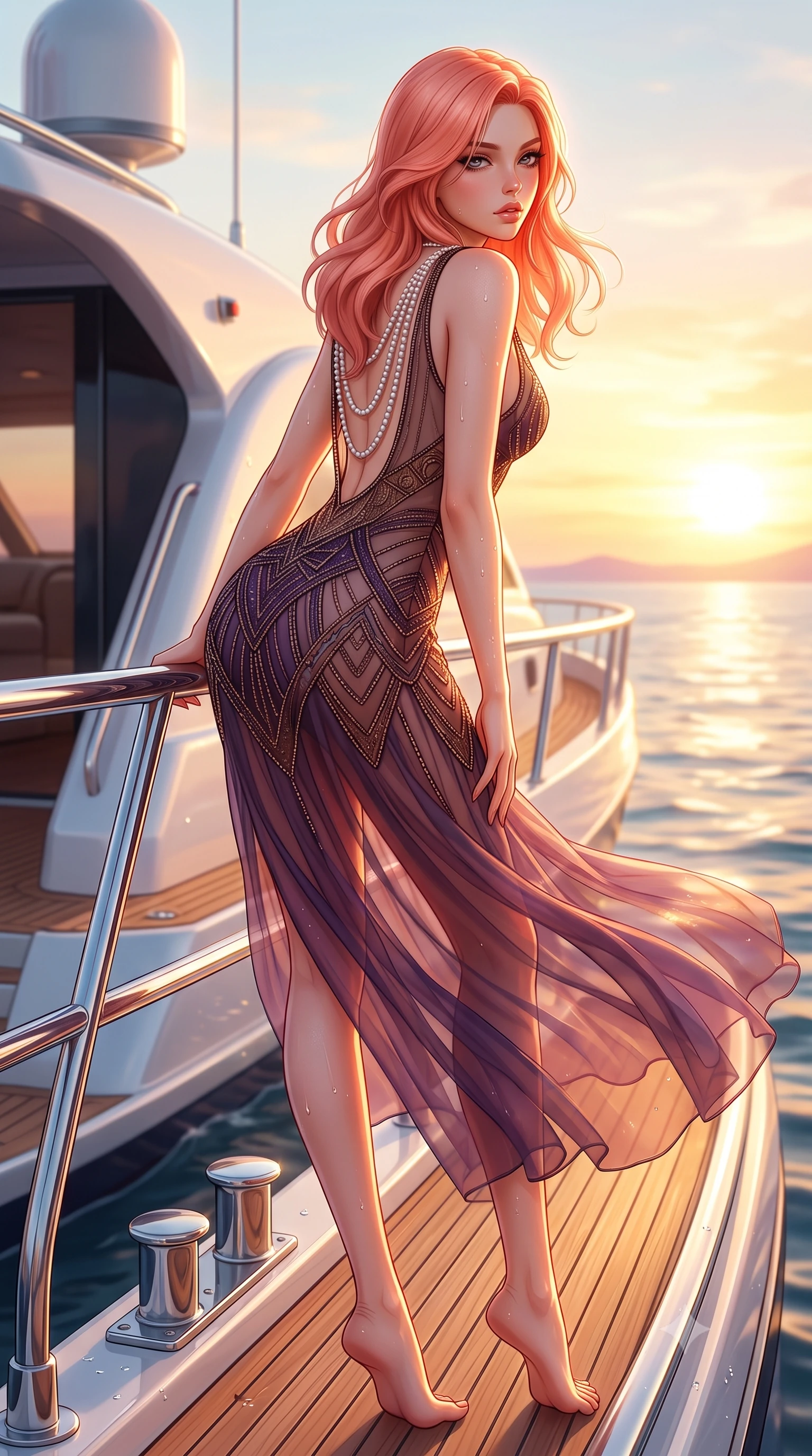 score_9, masterpiece, best quality, ultra-detailed, high-budget anime keyframe, semi-realistic 3D game render, editorial fashion photography, tasteful artistic composition, Japanese woman. low angle full-body shot from head to toe showing her feet, filling the entire 9:16 vertical frame with her statuesque presence, stretching her vertical silhouette. leaning deep against the structural architecture with hips cocked in an unapologetically bold, seductive high-fashion stance while leaning against the yacht's chrome stern railing with lower back arched, looking over her bare shoulder with sun-dazed bedroom-eyes. The surrounding environment is rendered in vivid detail and crisp panoramic clarity. detailed knit swimwear texture, water droplet beads on skin, and distant sea horizon in high clarity. She has an exceptionally tall and slender model-like 8.5-heads proportion, an ultra-slim waist, a flat toned midriff, narrow delicate ribcage, and beautifully sculpted feminine hips creating a graceful, slim hourglass silhouette without any bulky heaviness, with impossibly long slender legs. sharp v-shaped jawline, high-bridge nose, intricate jewel-like eyes with depth, thick eyelashes, glossy parted lips with a natural sheen, intensely captivating and seductive bedroom-eyes expression, flawlessly proportioned anatomical accuracy, strict slender model proportions, natural body alignment, perfectly sculpted long slender limbs, ultra-slim waistline, clean dynamic posture without body distortion. wearing a sheer vintage mesh flapper dress adorned with intricate geometric beadwork over an opaque silk slip in deep plum violet and antique bronze, woven from layered gossamer chiffon with a weightless sweeping drape, accented with a multi-strand pearl back necklace cascading down her bare spine to her hips, the form-contouring material adhering flawlessly to her sculpted flat midriff and slender torso, emphasizing her long leg lines and perfectly proportioned willowy build. bathed in glorious golden hour Mediterranean sunset backlighting and warm white boat deck bounce fill. highly saturated vibrant anime colors, detailed shading with soft gradients, rich glossy textures, high-contrast stereoscopic depth, volumetric dynamic lighting, master piece, 9:16 ratio