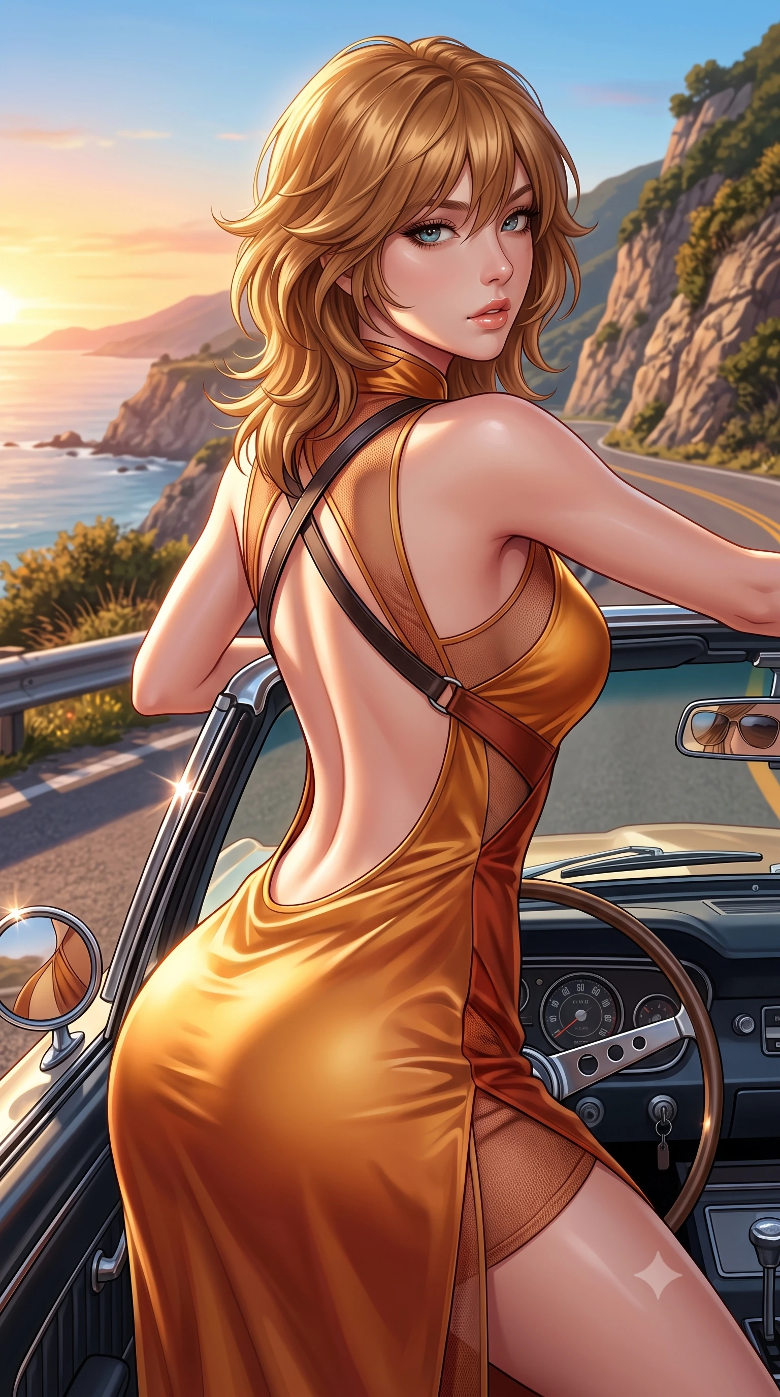 score_9, masterpiece, best quality, ultra-detailed, high-budget anime keyframe, semi-realistic 3D game render, editorial fashion photography, tasteful artistic composition, Korean woman. close-up cowboy shot from the waist and thighs up, the character dominates the composition, filling the frame with her large presence. leaning back with relaxed seductive grace, her sculpted collarbones and narrow waist highlighted as she casts smoldering bedroom-eyes directly into the camera while leaning against the chrome windshield frame of the sports car with hips cocked back, looking back over her bare shoulder with sun-dazed bedroom-eyes. The surrounding environment is rendered in vivid detail and crisp panoramic clarity. detailed knit dress ribbed textures, designer sunglasses reflections, and cliffside vegetation in high clarity. She has an exceptionally elegant, slender, and willowy female figure with an ultra-slim waist, flat toned midriff, narrow ribcage, and sculpted feminine hips creating an alluring, slim hourglass silhouette without bulk. sharp v-shaped jawline, high-bridge nose, intricate jewel-like eyes with depth, thick eyelashes, glossy parted lips with a natural sheen, intensely captivating and seductive bedroom-eyes expression, flawlessly proportioned anatomical accuracy, strict slender model proportions, natural body alignment, perfectly sculpted long slender limbs, ultra-slim waistline, clean dynamic posture without body distortion. wearing a wet-look silk fusion wrap dress with asymmetrical sheer mesh cutouts and high Mandarin collar in molten desert gold and burnt terracotta, tailored from ultra-smooth duchess satin with a pearlescent sheen, featuring an open-back criss-cross harness strap in dark leather, the dramatically scooped open back descending to the base of her spine, accentuating her razor-sharp statuesque lines and slim hourglass silhouette. illuminated by bright specular sun glints sharply carving her razor-sharp jawline, narrow waist, and curvy hips. highly saturated vibrant anime colors, detailed shading with soft gradients, rich glossy textures, high-contrast stereoscopic depth, volumetric dynamic lighting, master piece, 9:16 ratio