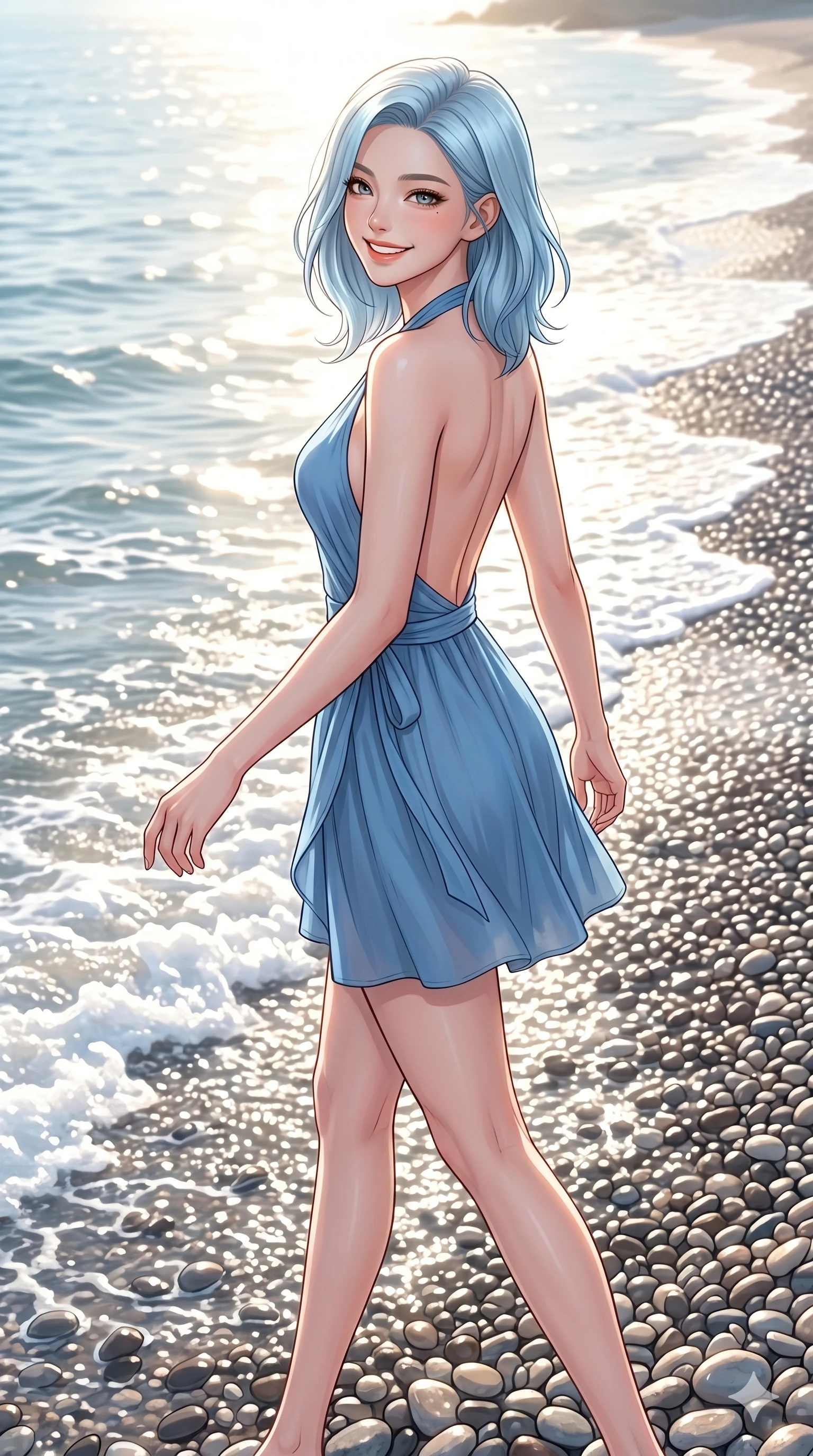 score_9, masterpiece, best quality, ultra-detailed, high-budget anime keyframe, editorial fashion photography, tasteful artistic composition, Korean woman. cowboy shot from the thighs up, character and outfit filling the frame for maximum editorial presence. turning around with a happy, beaming smile, her eyes full of warmth walking on a pebble beach with small white waves washing ashore. She has an absolutely perfect 8-heads proportion, an exceptionally tall and slender female figure with impossibly long slender legs and an ultra-slim waist. V-shaped jawline, high-bridge nose, intricate jewel-like eyes with depth, thick eyelashes, glossy lips with a natural sheen. wearing a lightweight blue wrap dress with a graceful halter neck and bare back. bathed in brilliant morning sunshine reflecting off the wet pebbles and waves. 2k, ultra detail, master piece, 9:16 ratio