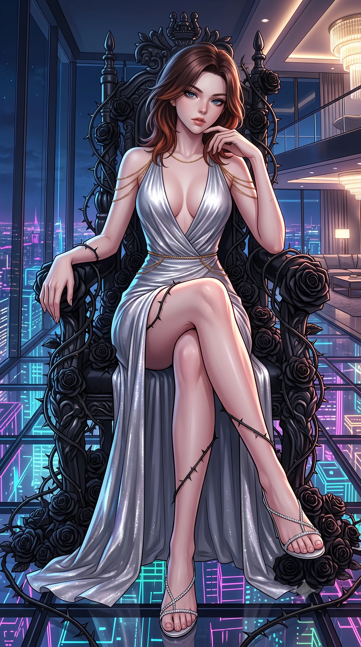 score_9, masterpiece, best quality, ultra-detailed, High-budget Anime Keyframe, East Asian woman. Low angle cowboy shot filling the entire 9:16 frame with her statuesque presence. Scenario 478: resting on a throne of black roses, thorns grazing her skin, in a luxury penthouse with floor-to-ceiling glass walls overlooking a neon grid. Her presence is magnetic and overpowering in this high-budget anime scene. Outfit 478: a body-hugging liquid silver shimmering chiffon slip dress featuring an elegant plunging collar and fine gold chains. The clothing is designed to emphasize her exceptionally tall and slender 8-heads proportion. 8-heads proportion, towering silhouette, ultra-slim waist. sharp v-shaped jawline, intricate jewel-like eyes with depth, thick eyelashes, glossy lips. 2k, ultra detail, master piece, 9:16 ratio